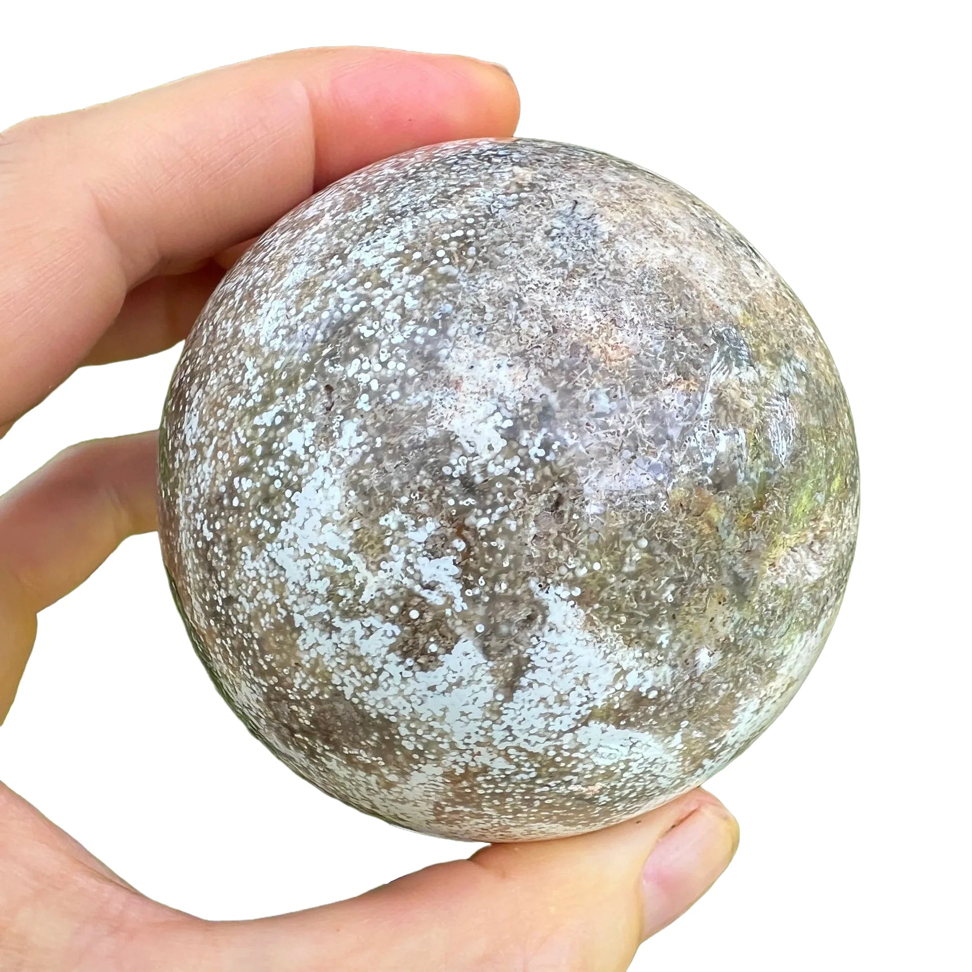 Back view of Grade AA Ocean Jasper sphere showing natural surface