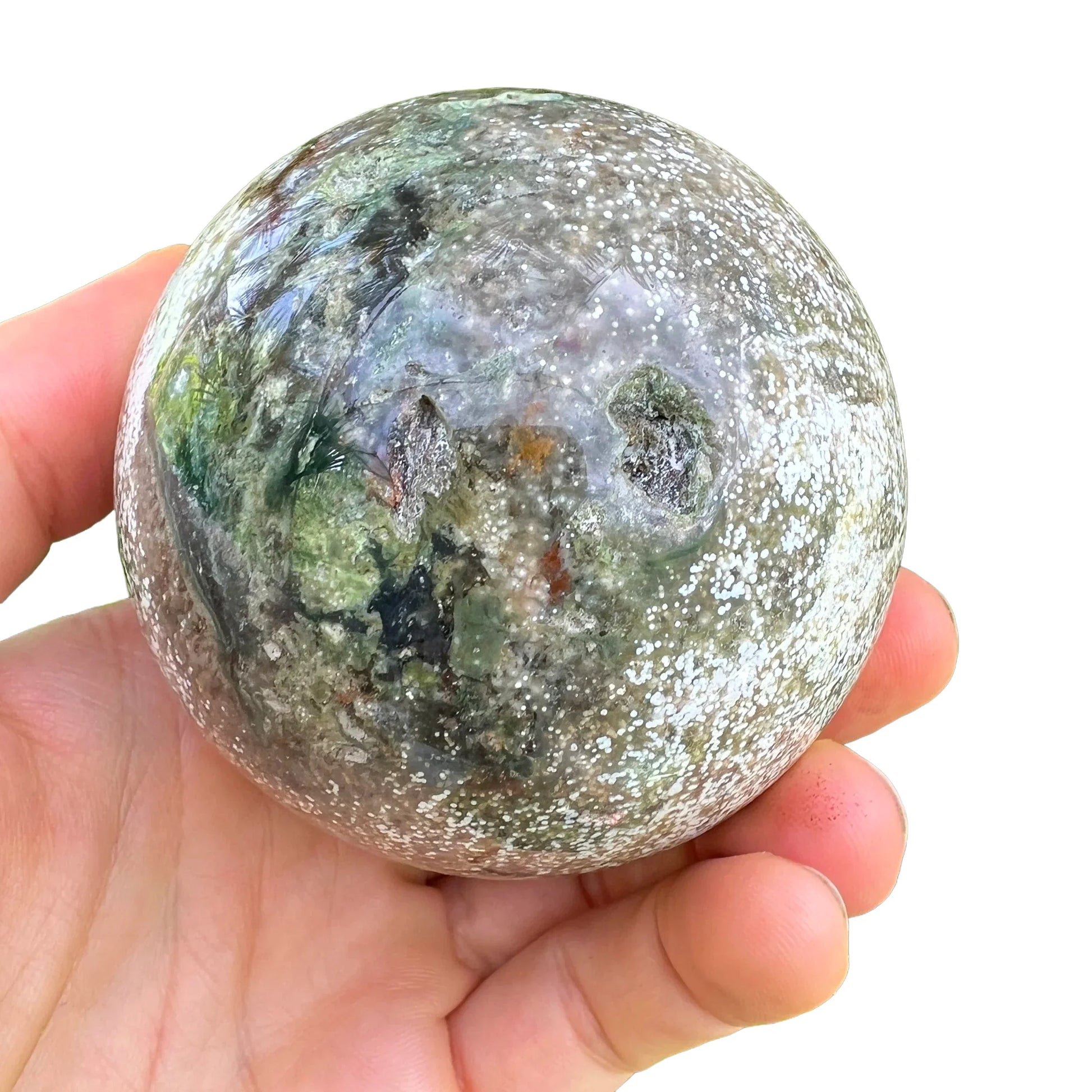 Full profile of Grade AA Ocean Jasper sphere ready to ship from Beyond Bohemian