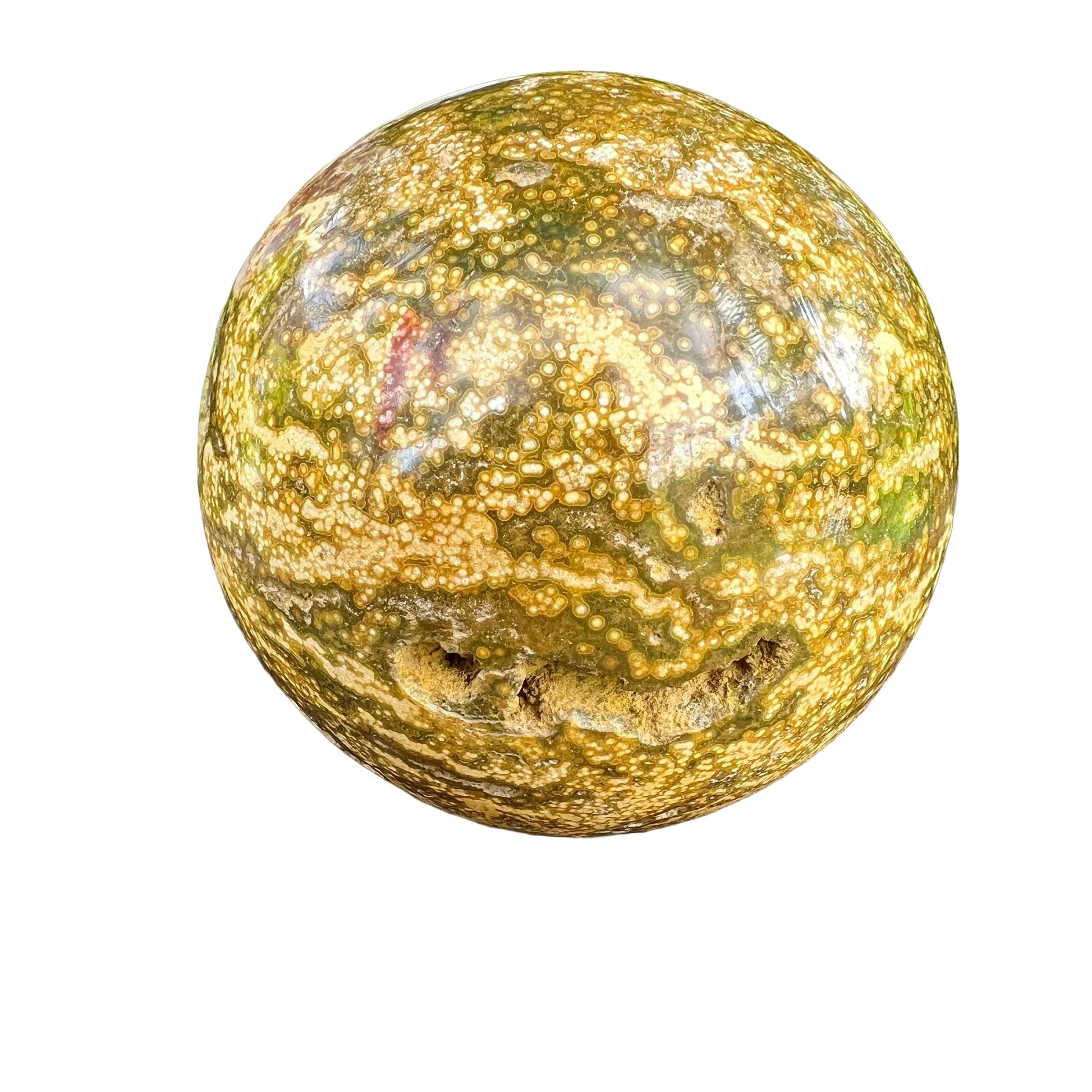 Close-up of Ocean Jasper polished sphere, showing characteristic finish.