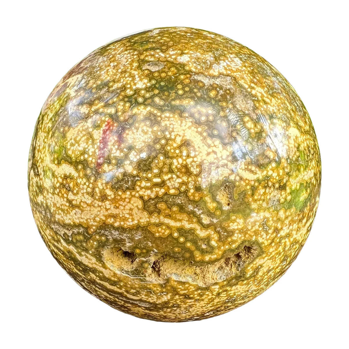 Close-up of Ocean Jasper polished sphere, showing characteristic finish.