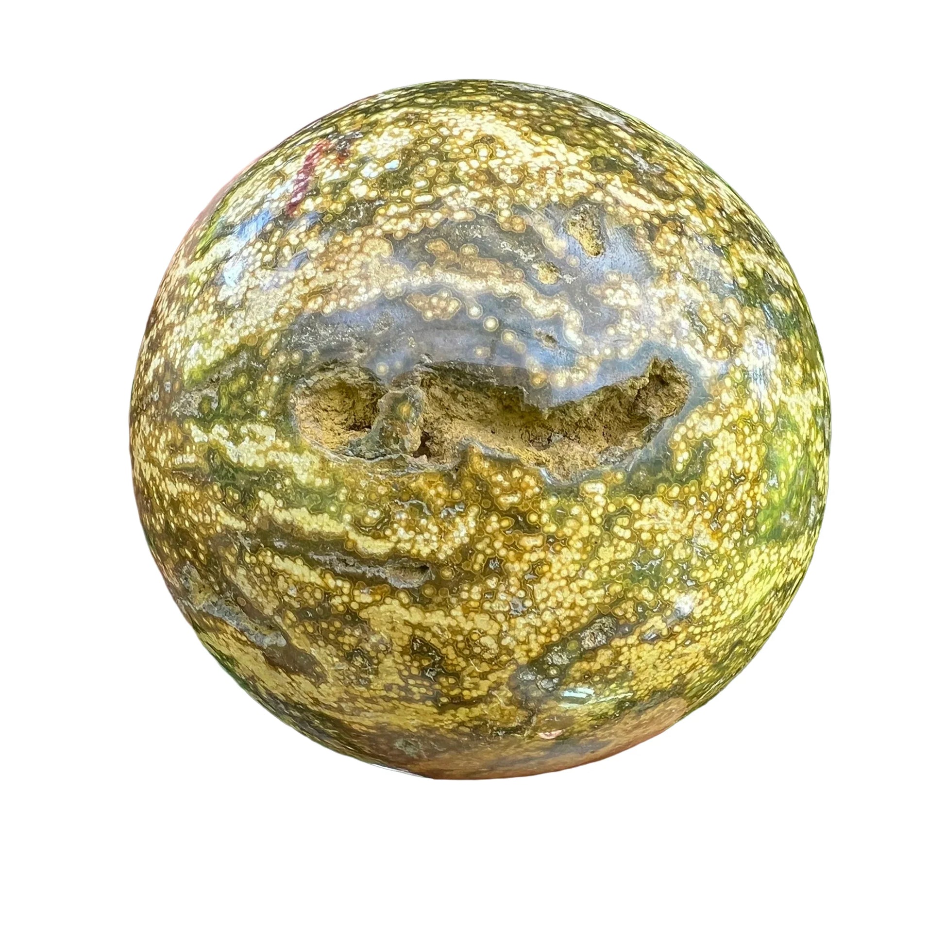Edge view of Ocean Jasper polished sphere, sourced from Sofia, Madagascar, showing color depth.