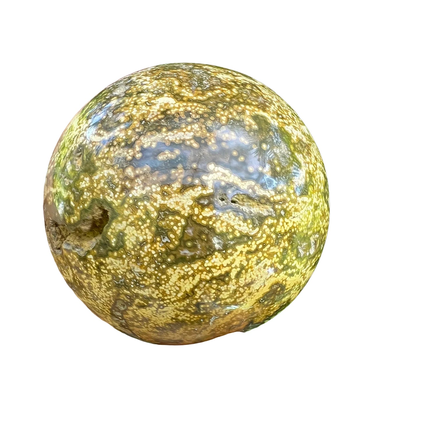 Bird's-eye view of Grade AA Ocean Jasper polished sphere, associated with Emotional Healing, sourced from Madagascar.