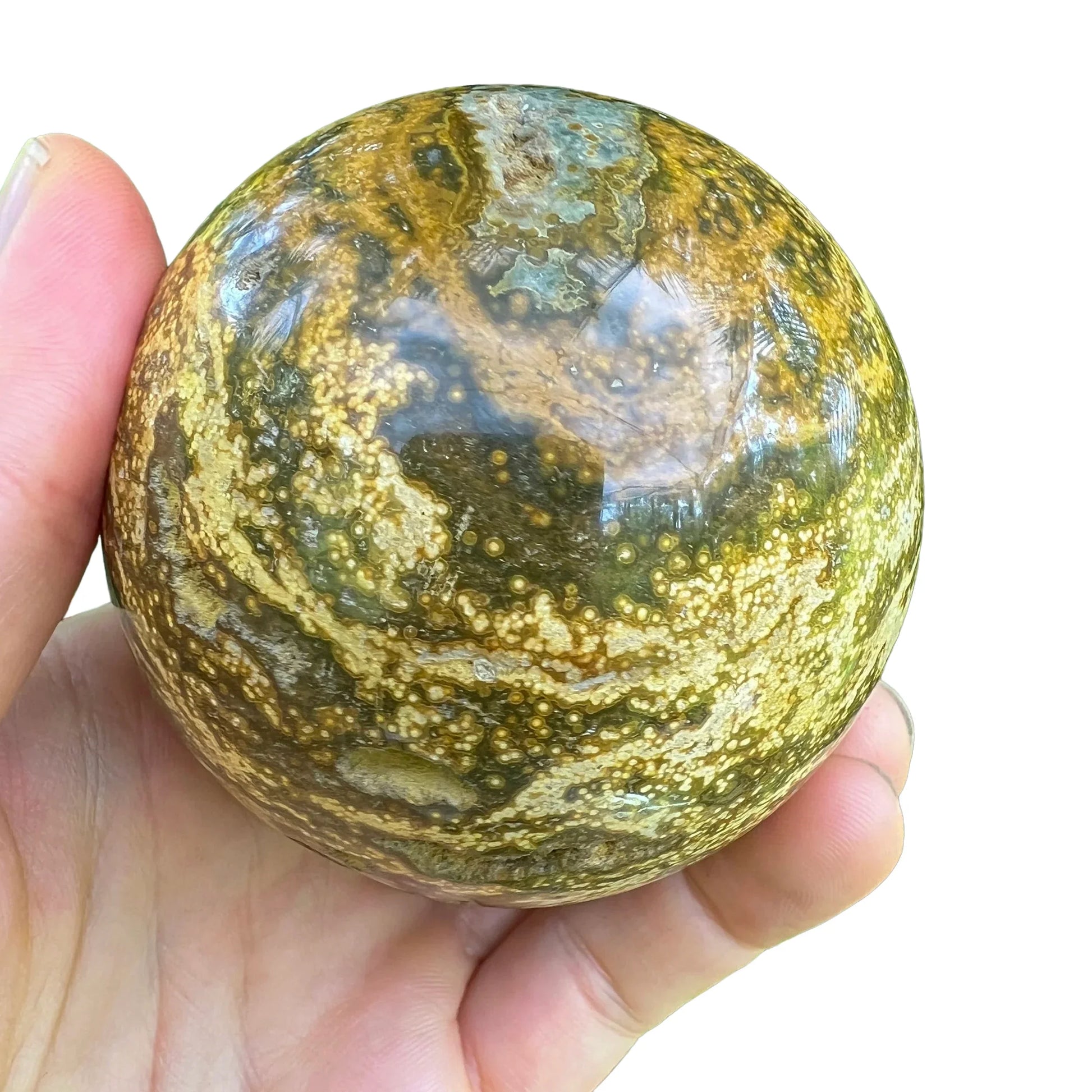 Hand-scale shot of a Ocean Jasper polished sphere held against natural backdrop.