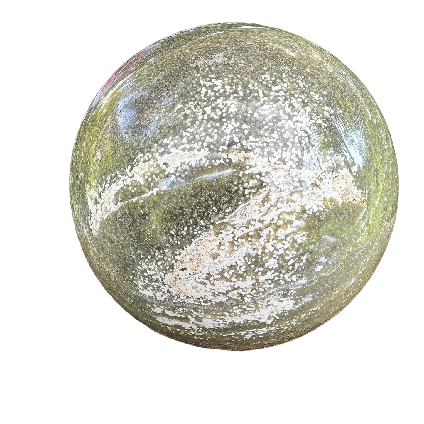 Magnified detail of Ocean Jasper polished sphere, worked with for Emotional Healing and Stress Relief, from Madagascar.