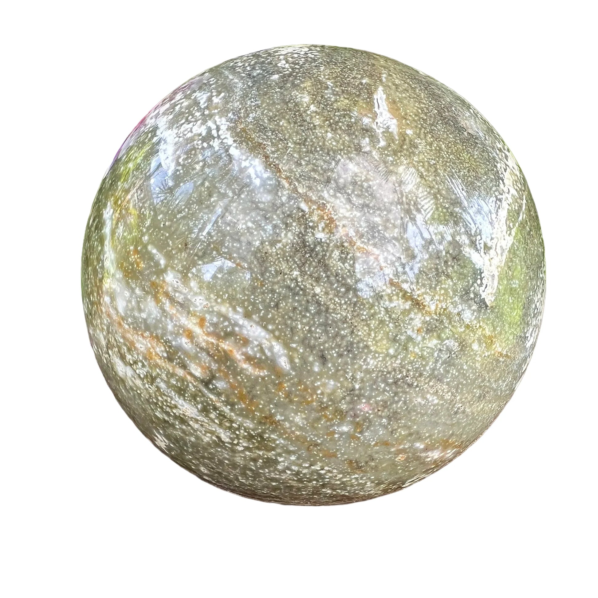 Side angle of Grade AA Ocean Jasper polished sphere, from Sofia, Madagascar.