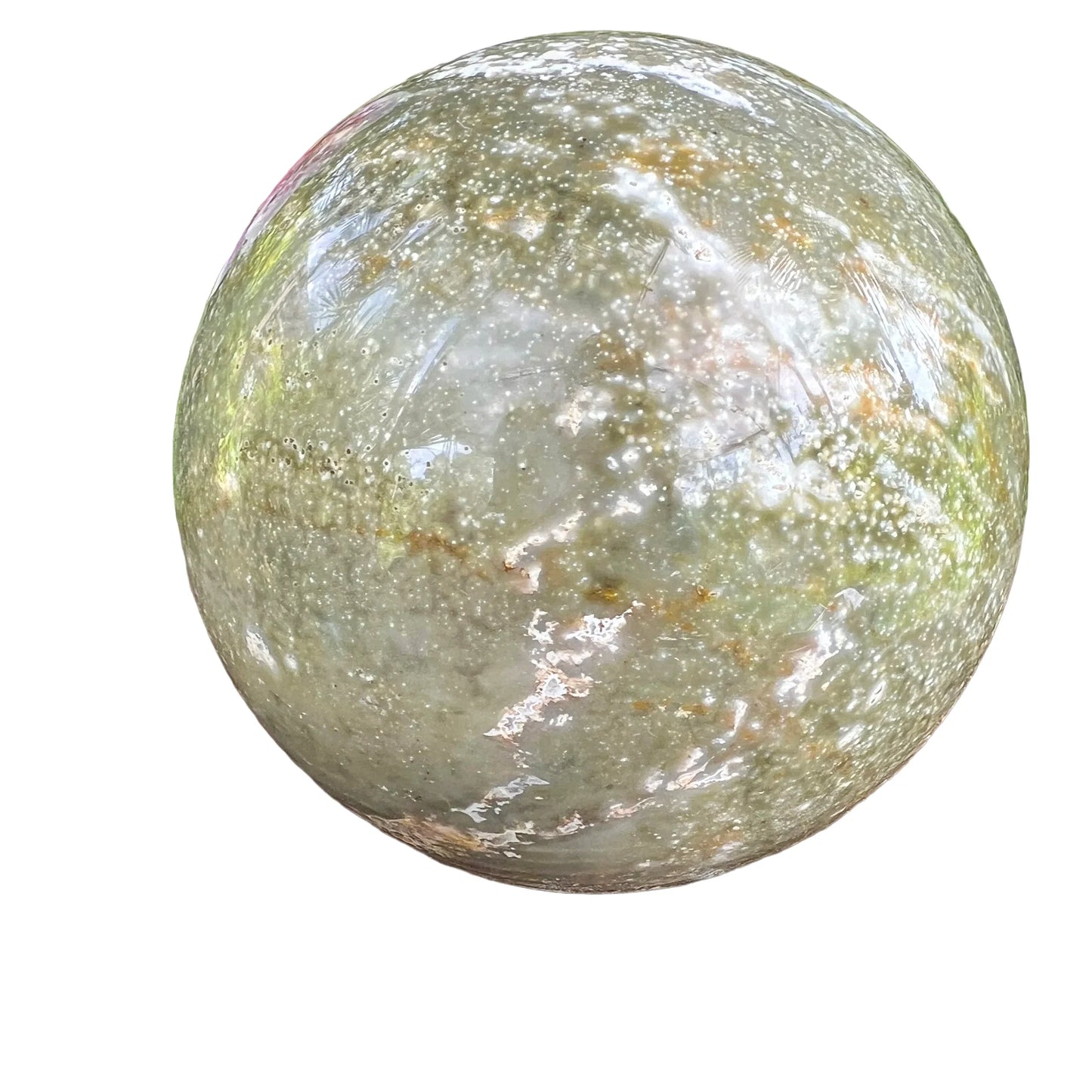 Overhead view of Grade AA Ocean Jasper polished sphere, from Madagascar, often kept for Emotional Healing and Stress Relief.