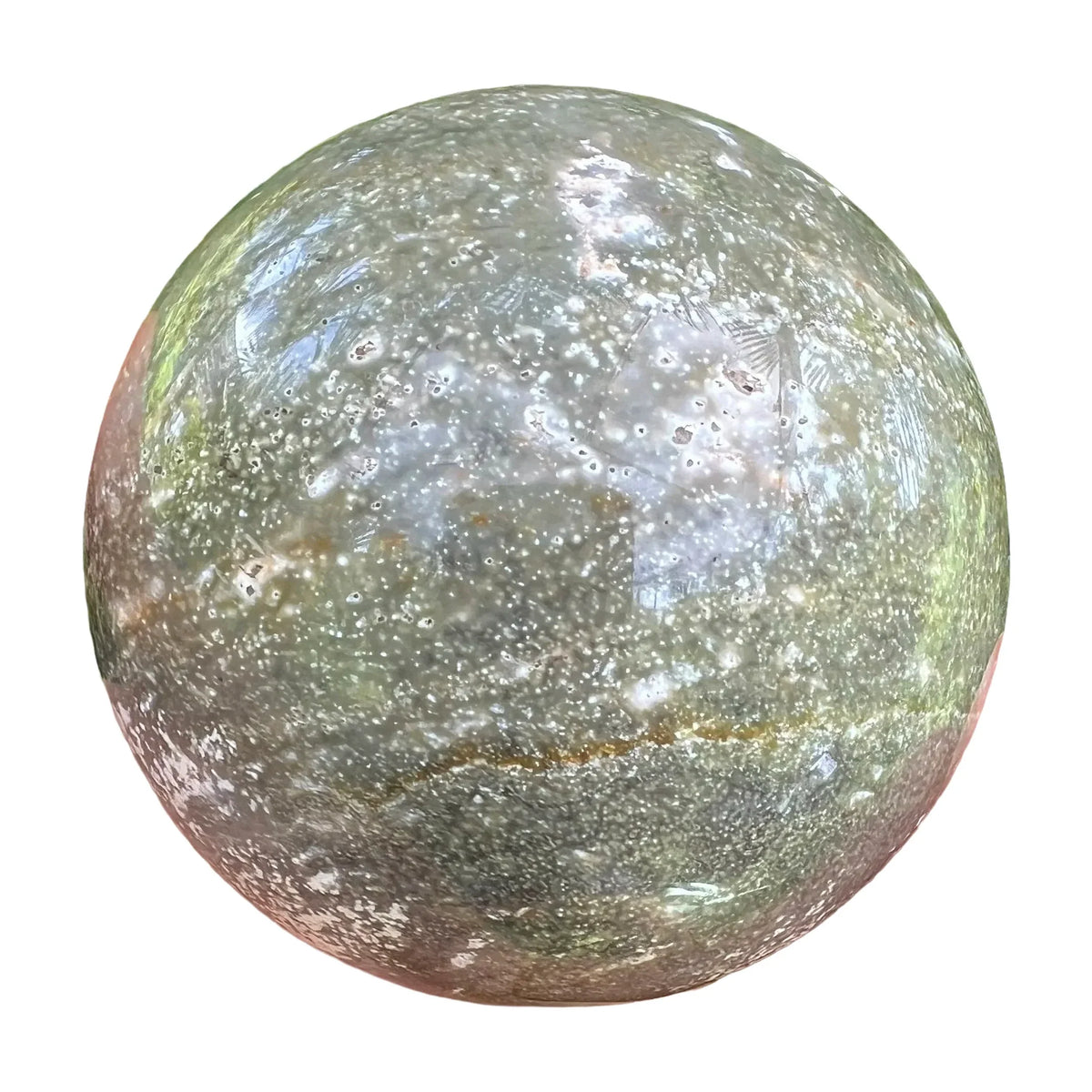 Back view of Grade AA Ocean Jasper sphere showing natural surface