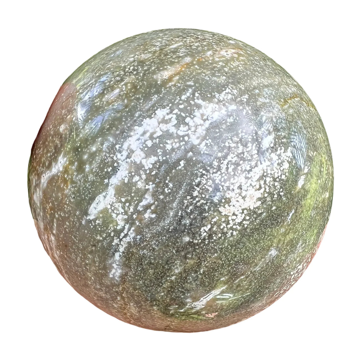 Detail shot of Grade AA Ocean Jasper sphere under natural light