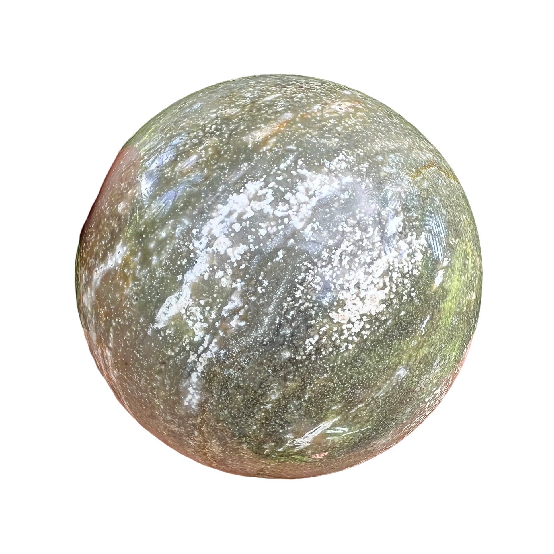 Detail shot of Grade AA Ocean Jasper sphere under natural light