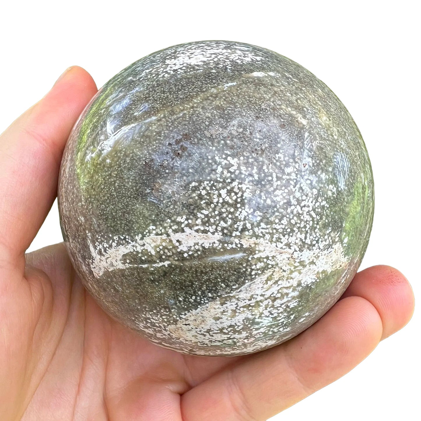 Full profile of Grade AA Ocean Jasper sphere ready to ship from Beyond Bohemian
