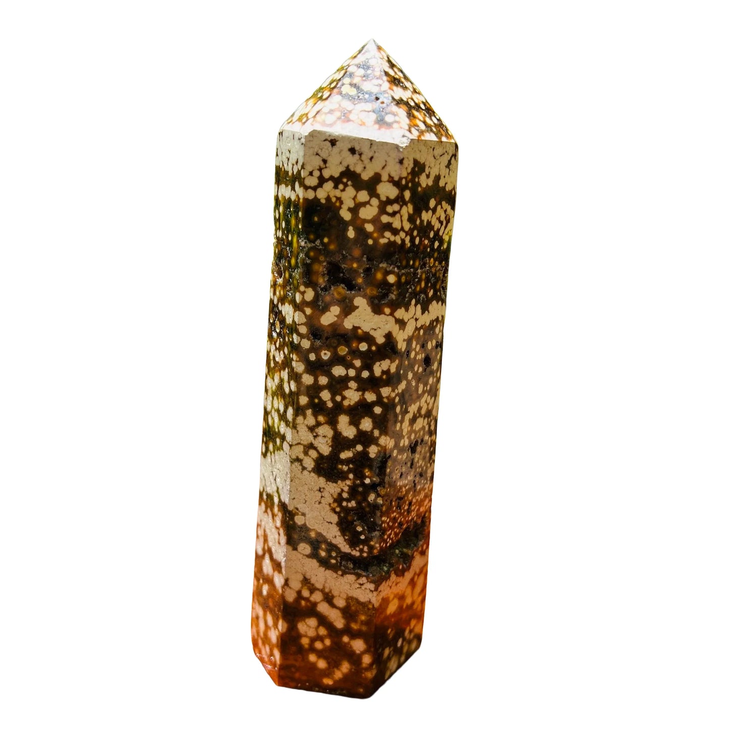 Close detail of Ocean Jasper polished point, showing characteristic finish, kept near for Emotional Healing.