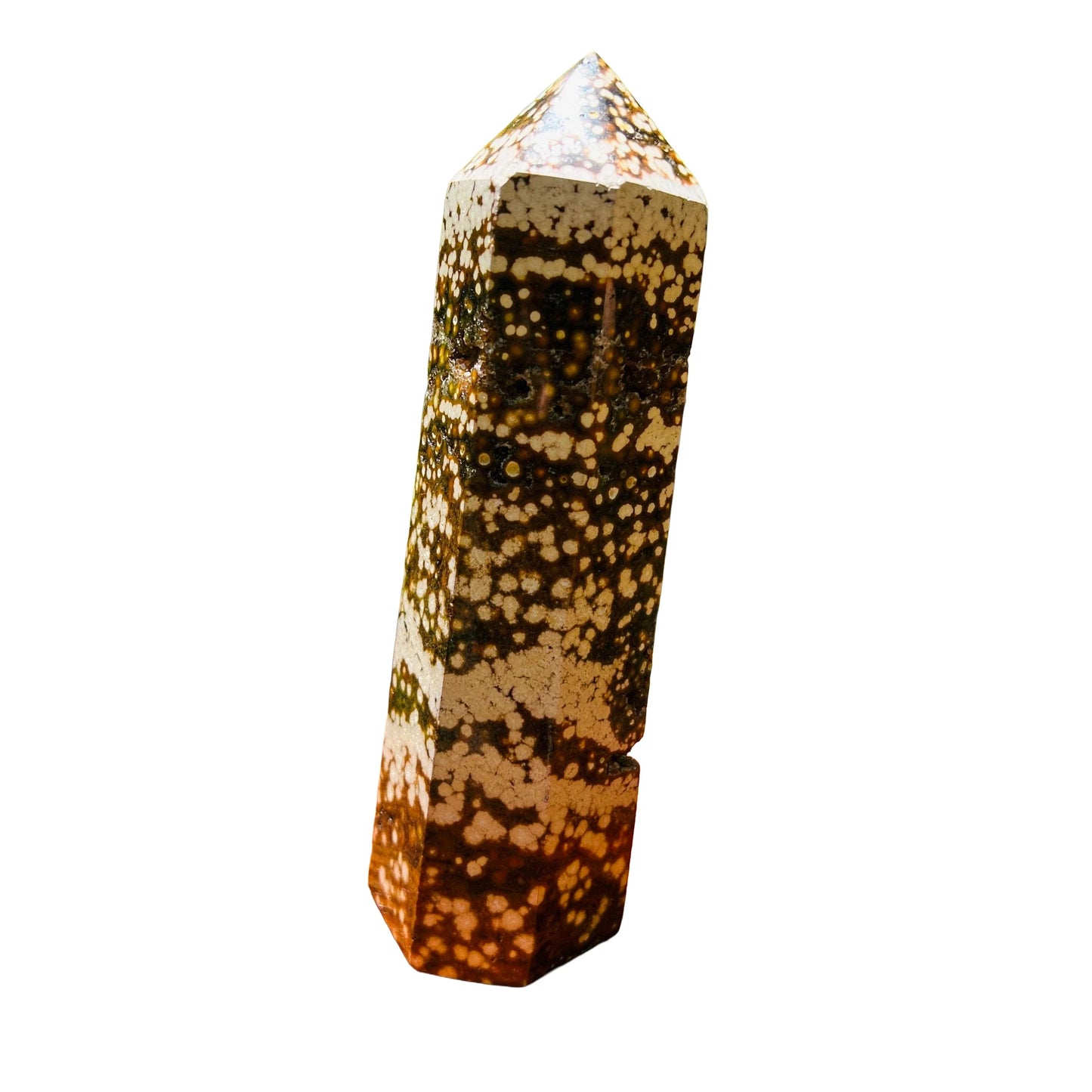 Side perspective of Ocean Jasper polished point, from Sofia, Madagascar.