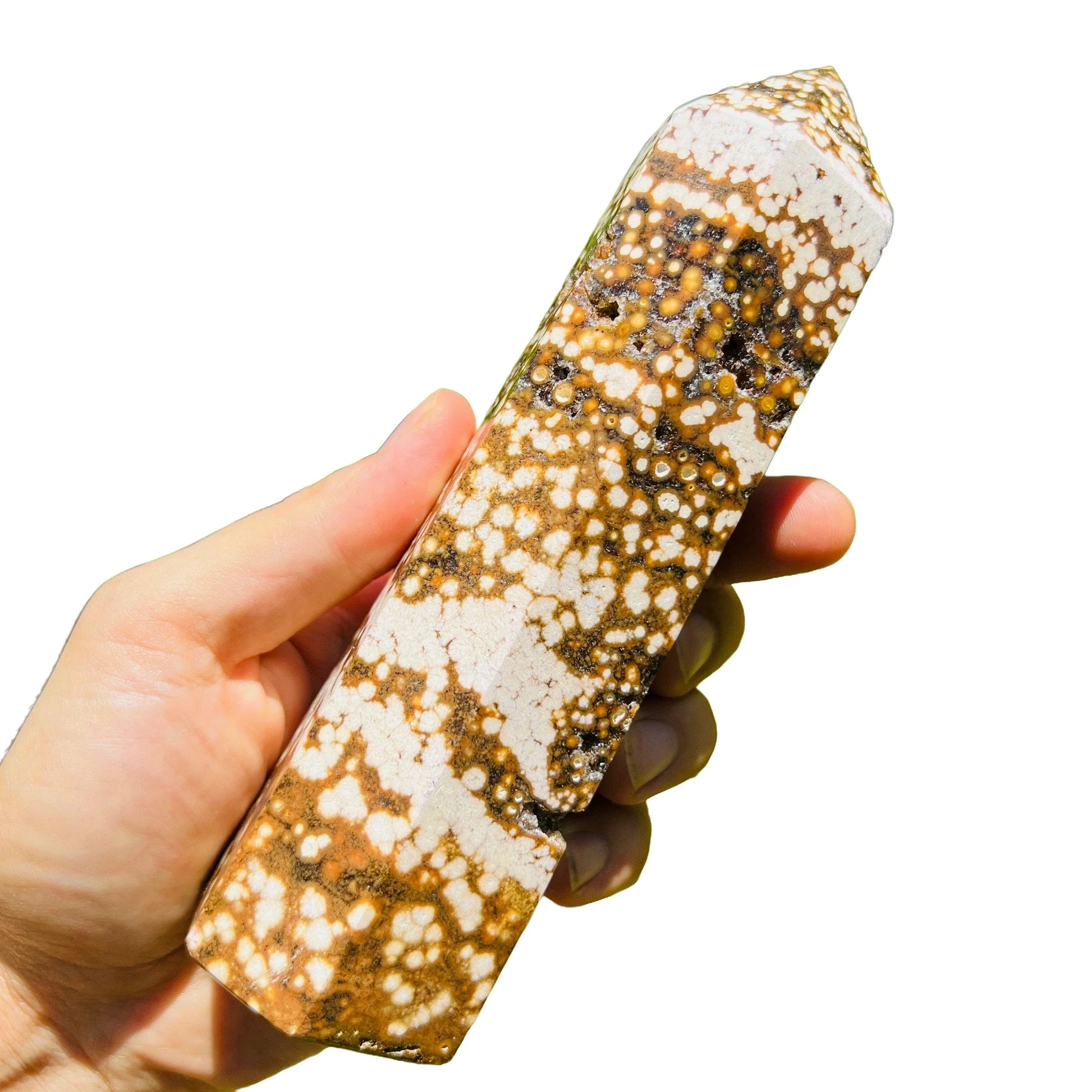 Scale comparison of Ocean Jasper stone, from Sofia, Madagascar, shown in its everyday setting.
