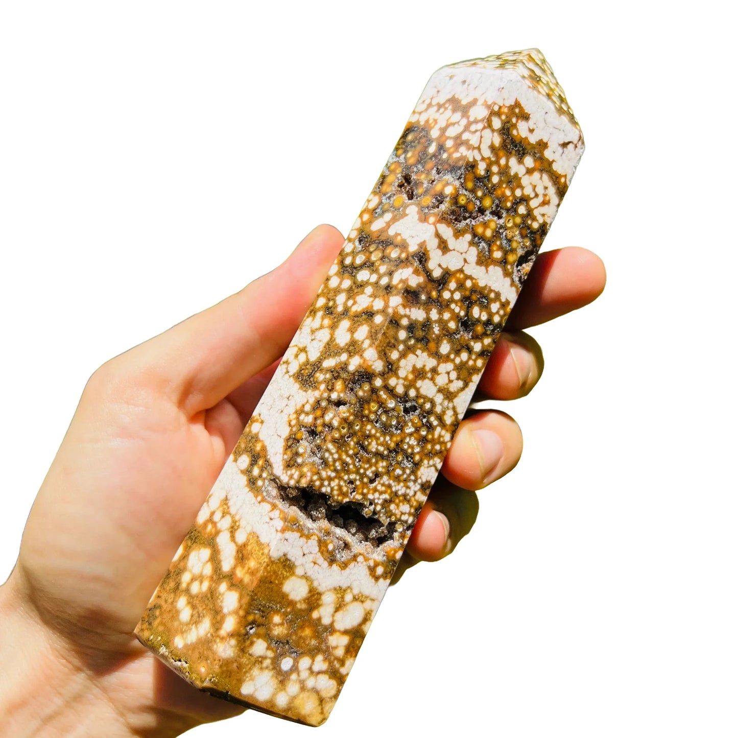 Back view of Grade AA Ocean Jasper point showing natural surface