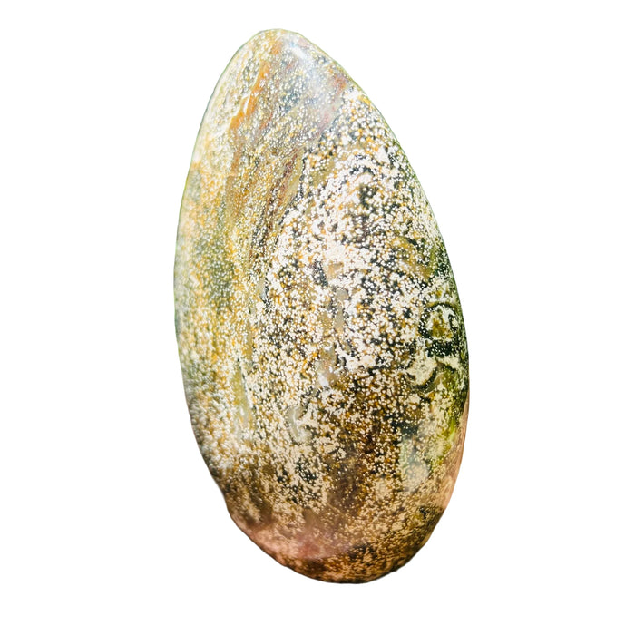 Edge-on view of Ocean Jasper freeform, sourced from Madagascar.