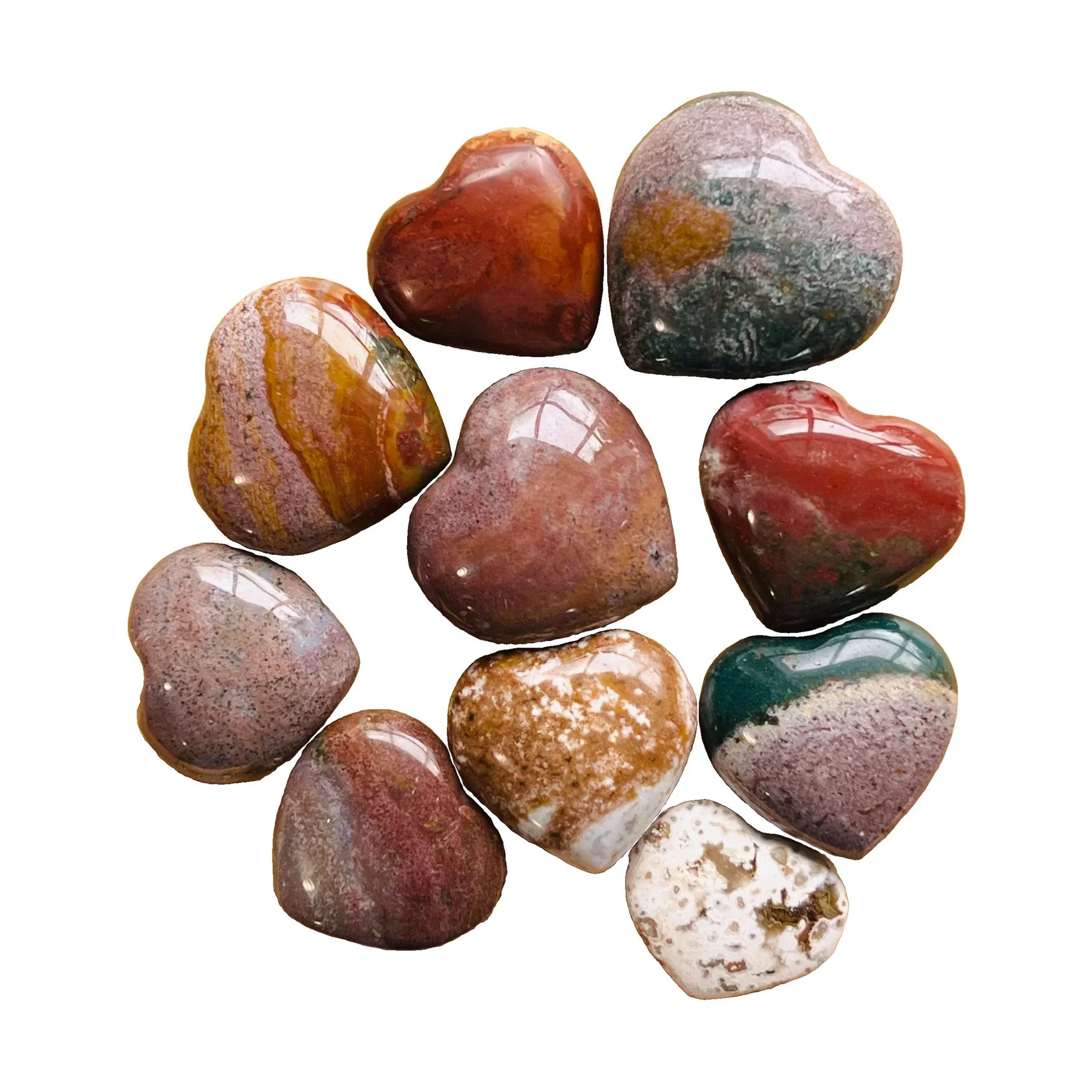 Ocean Jasper Crystal Hearts for Emotional Healing, Love & Stress Relief — green polished, AA grade from Madagascar