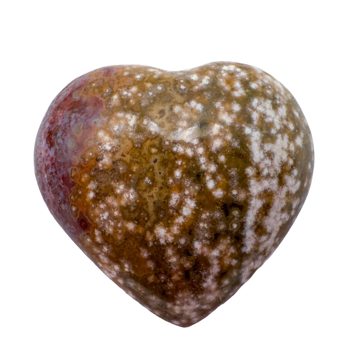 Detail view of AA Grade Ocean Jasper polished heart from Madagascar