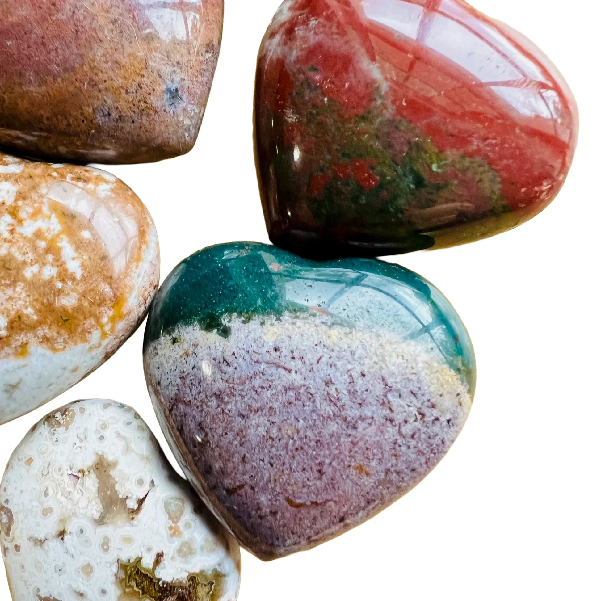 Looking down on Ocean Jasper polished heart, worked with for Emotional Healing and Stress Relief, sourced from Madagascar.