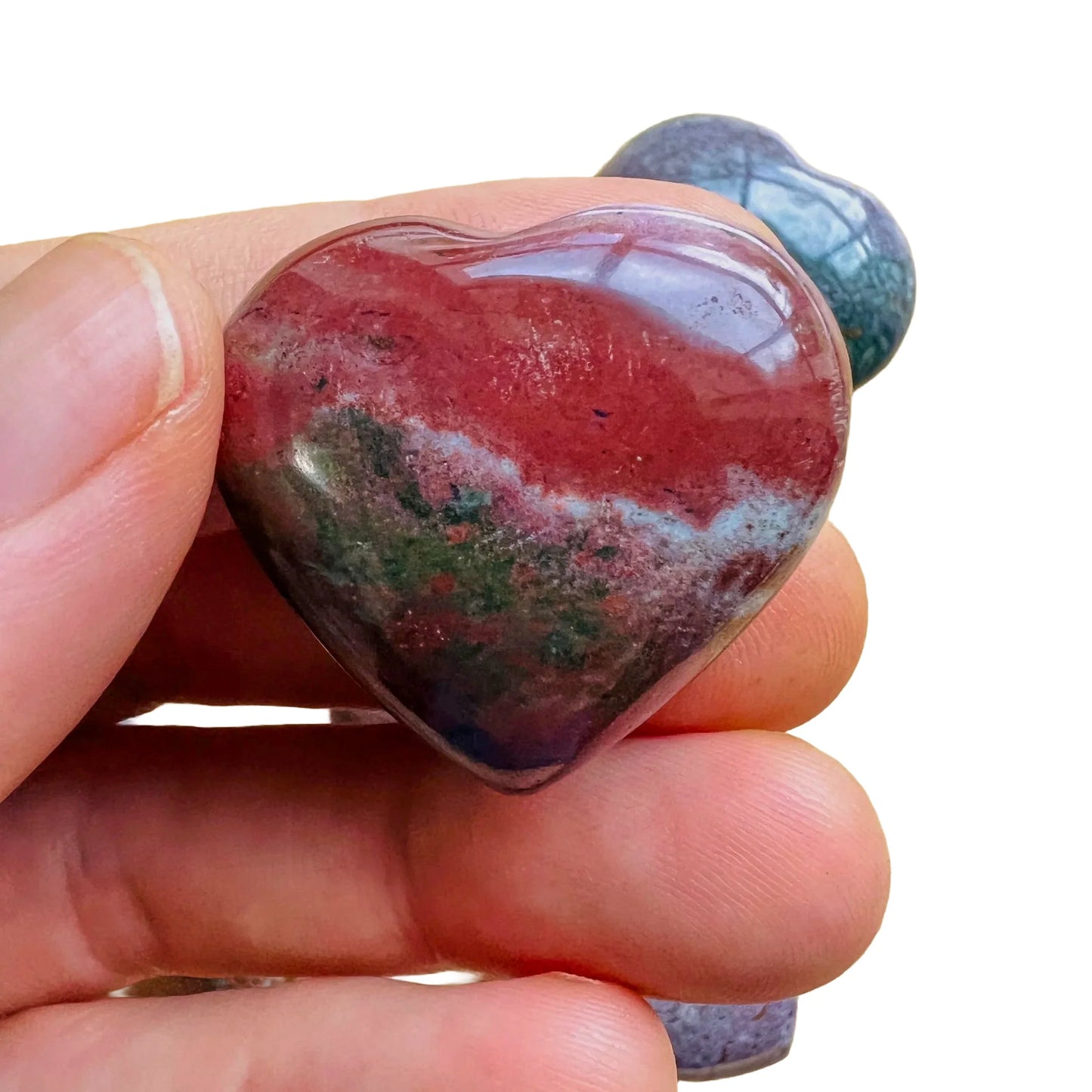 Full profile of Grade AA Ocean Jasper heart ready to ship from Beyond Bohemian