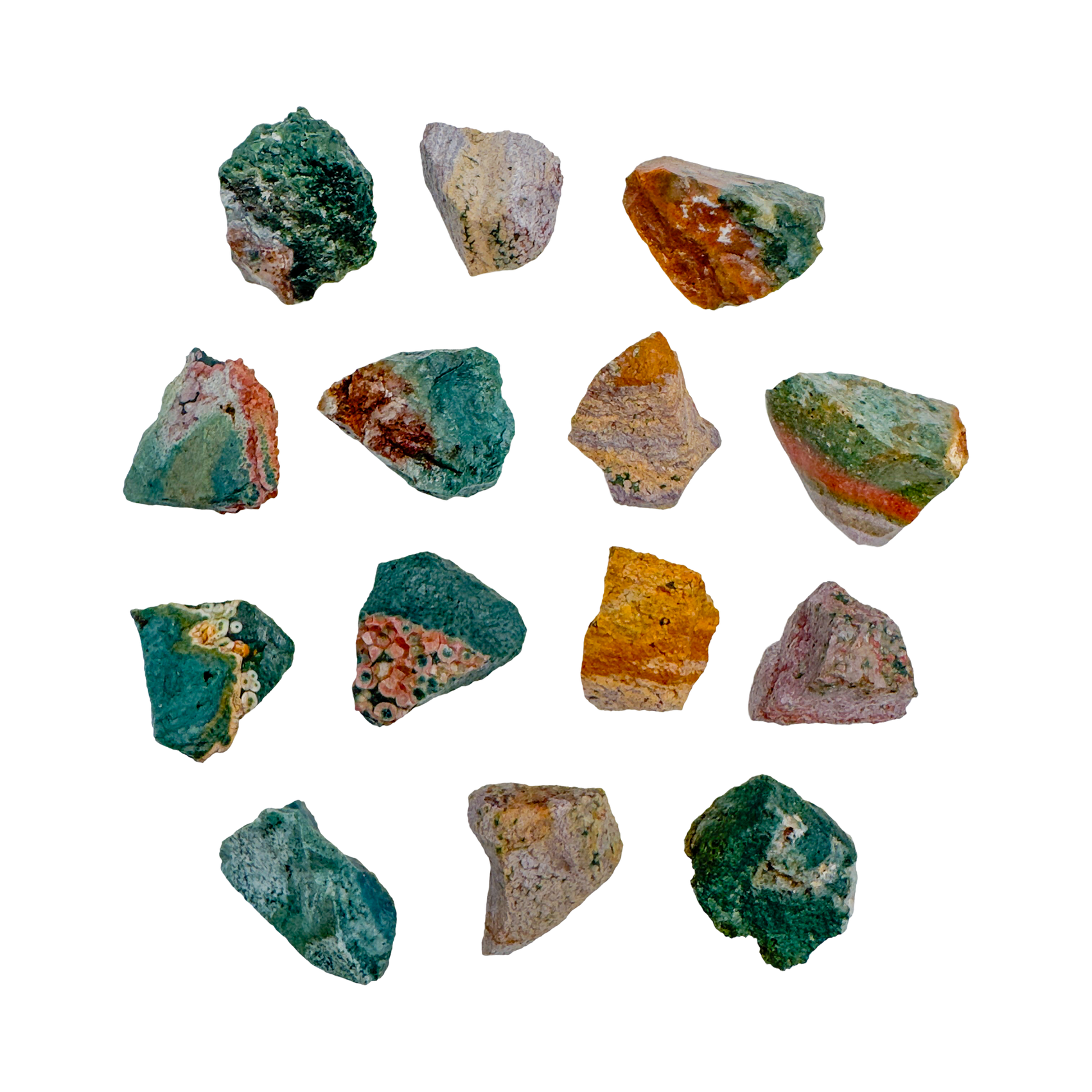 Hand-selected Grade AA Ocean Jasper raw stones from Sofia, Madagascar, 1 to 2 inch with orbicular green, pink, and white patterning