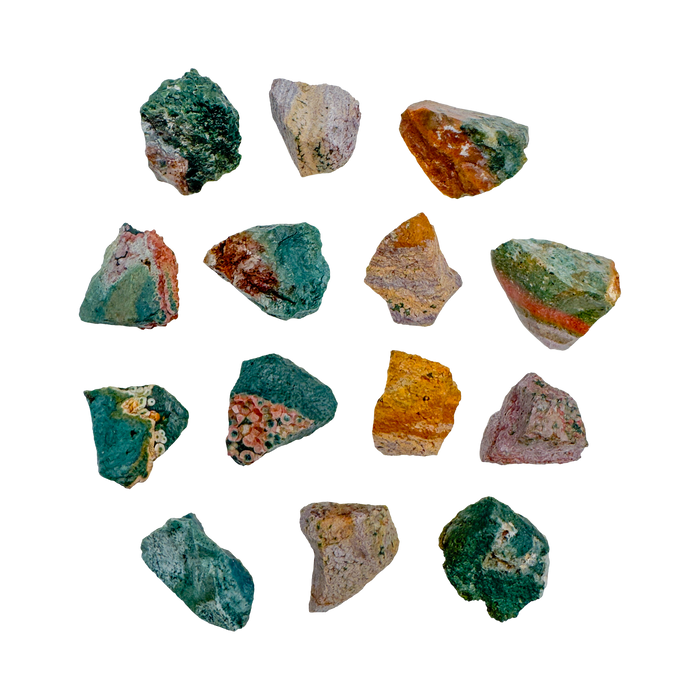 Hand-selected Grade AA Ocean Jasper raw stones from Sofia, Madagascar, 1 to 2 inch with orbicular green, pink, and white patterning