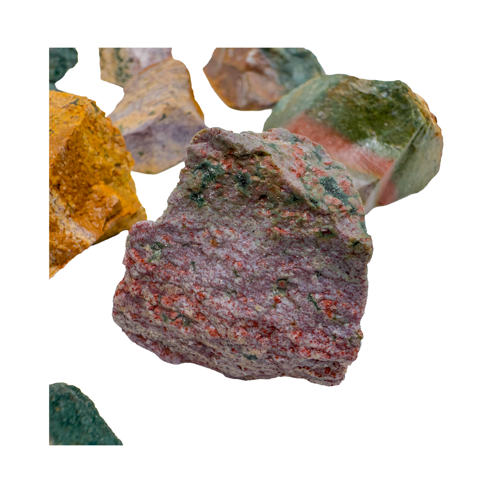 Alternate angle of Grade AA Ocean Jasper raw stones from Madagascar showing overall shape and texture