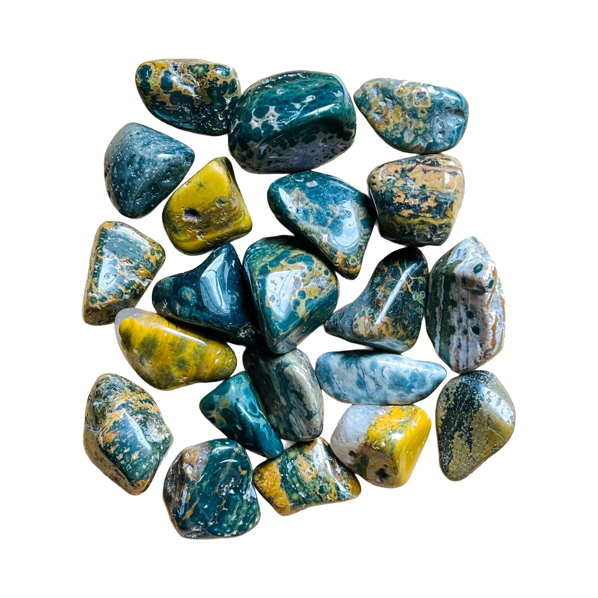 Ocean Jasper Tumbled Stones for Emotional Healing, Love & Stress Relief — green polished, A grade from Madagascar