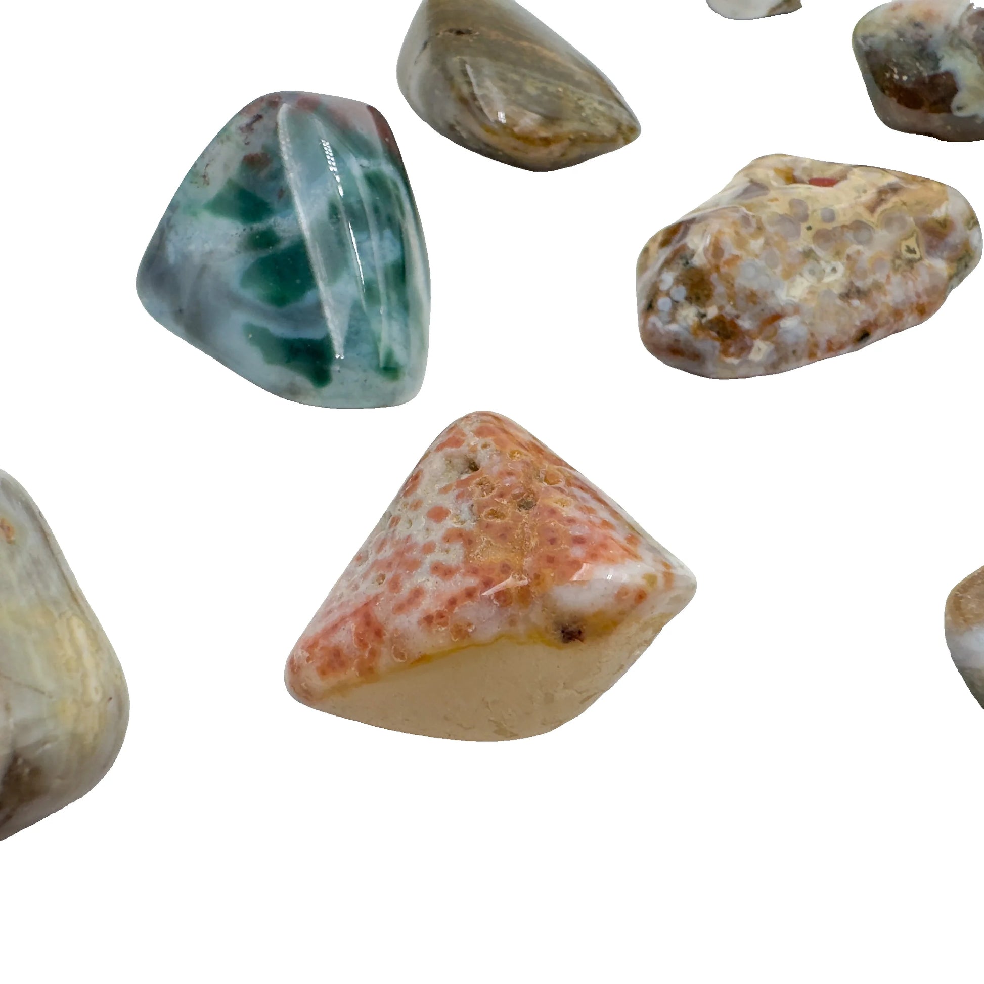 AA Ocean Jasper tumbled stones, green and pink pieces, 1 to 1.5 inch, Madagascar