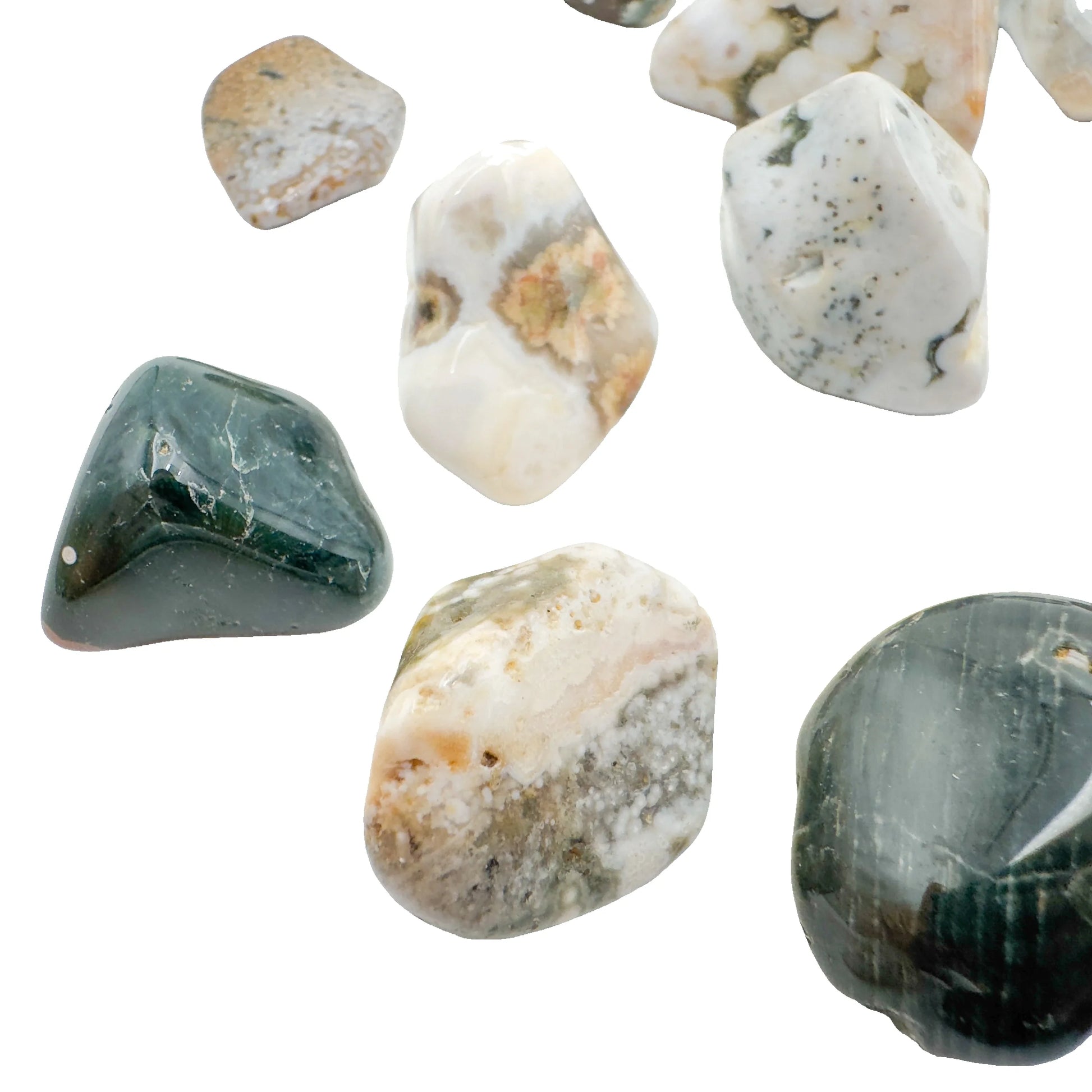 AA Ocean Jasper tumbled stones, group showing color variety, 0.75-1.25 inch, Madagascar