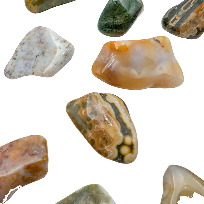 AA Ocean Jasper tumbled stones, warm tones and orbs, 0.75-1.25 inch, Madagascar