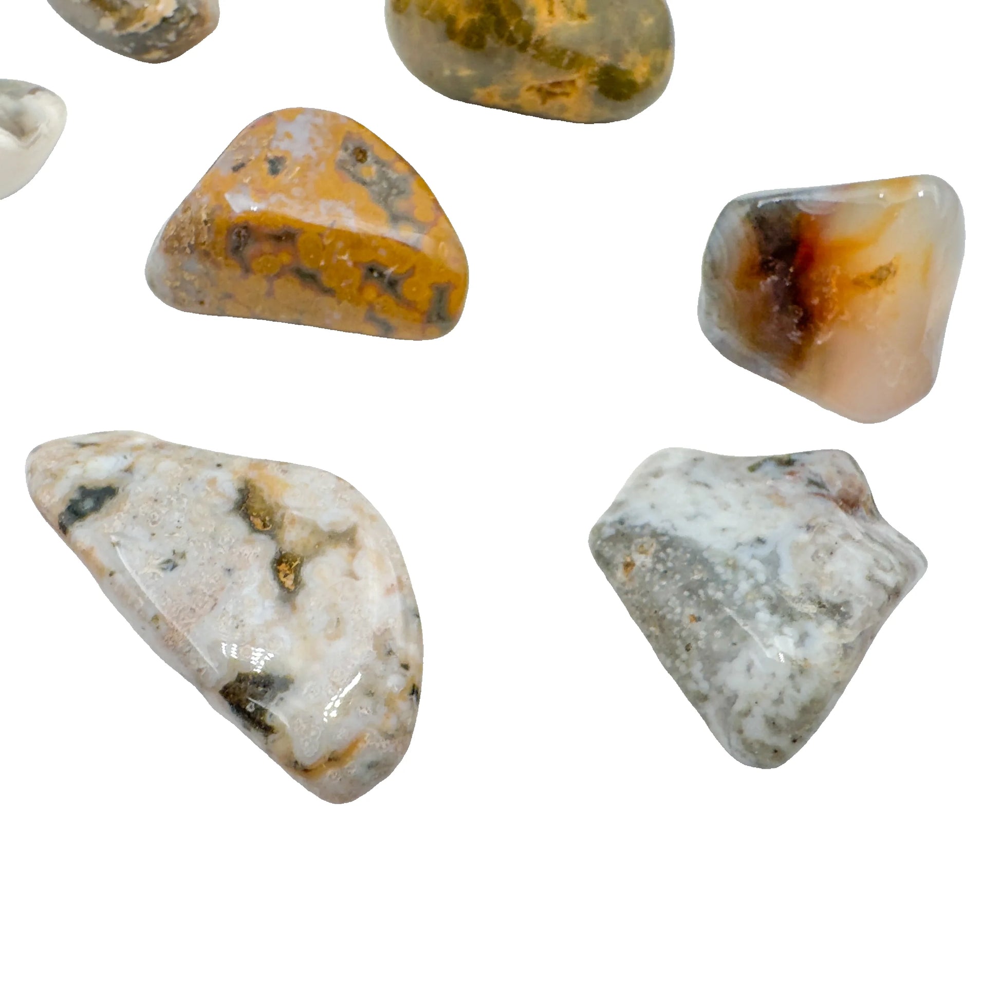 AA Ocean Jasper tumbled stones, pale and patterned pieces, 0.75-1.25 inch, Madagascar
