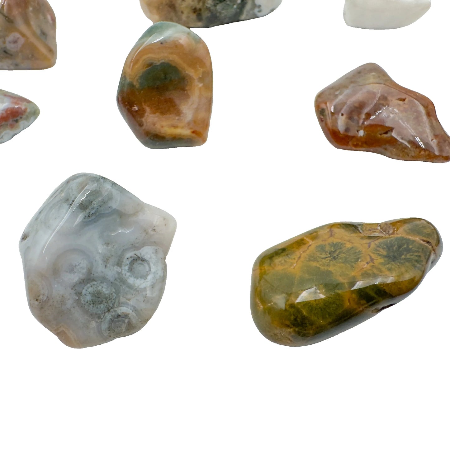 AA Ocean Jasper tumbled stones, mixed greens and reds, 0.75-1.25 inch, Madagascar