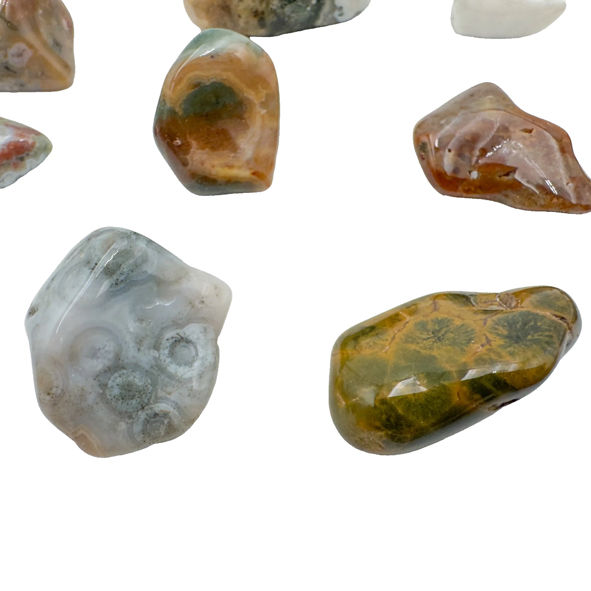 AA Ocean Jasper tumbled stones, mixed greens and reds, 0.75-1.25 inch, Madagascar