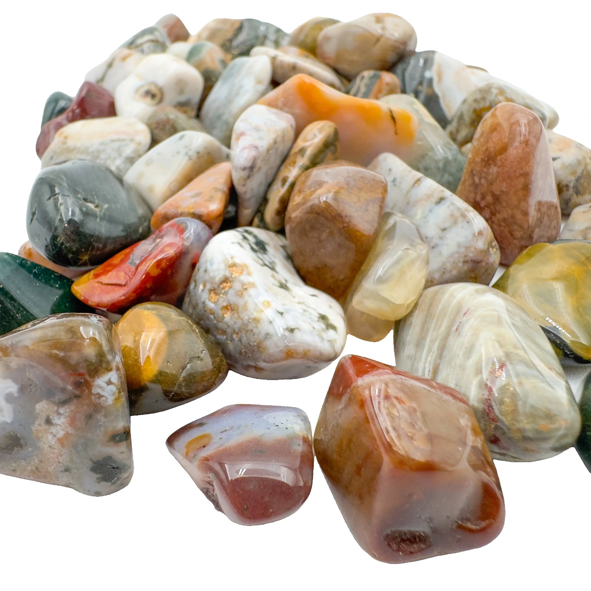 AA Ocean Jasper tumbled stones, full pile showing the range, 0.75-1.25 inch, Madagascar