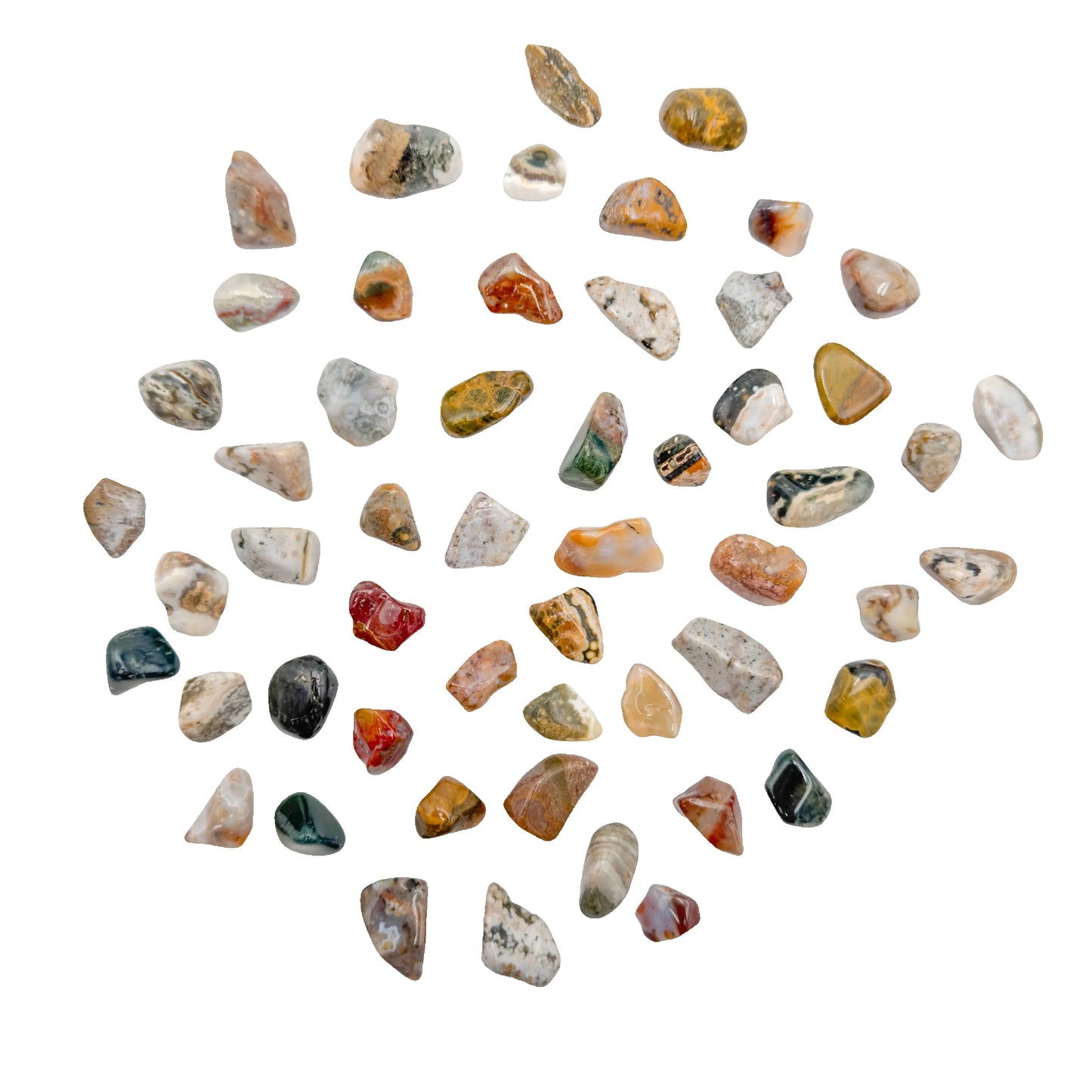 AA Ocean Jasper tumbled stones, full scatter of green, pink and cream orbicular patterns, 0.75-1.25 inch, Madagascar