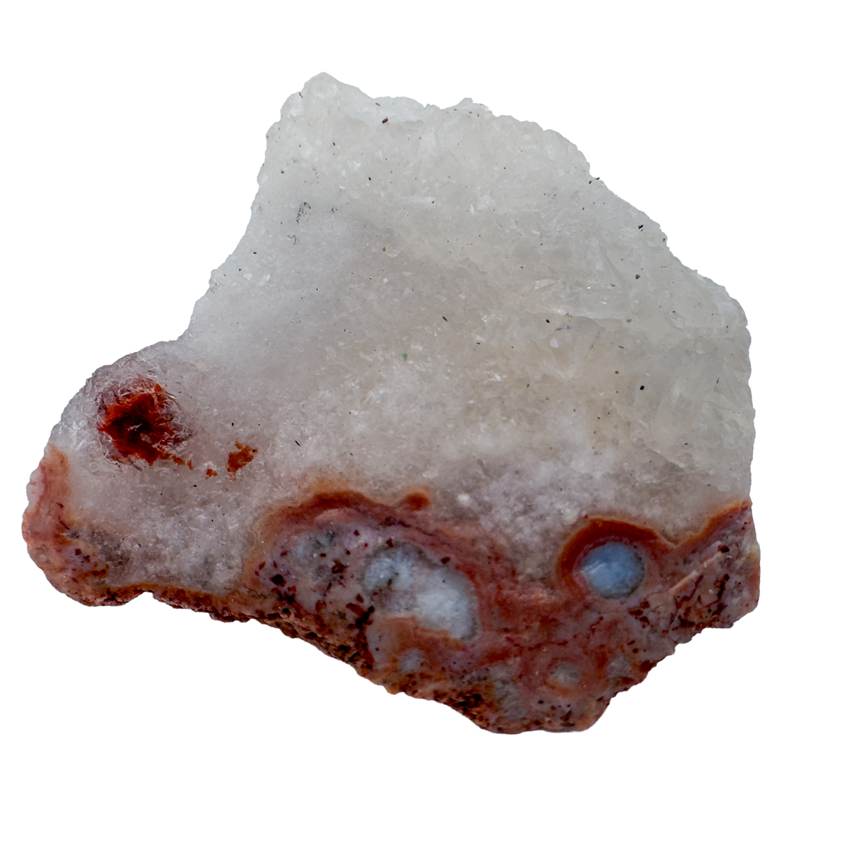A Grade Patagonia Agate raw stone showing white quartz above red banding, from Río Negro Province, Argentina
