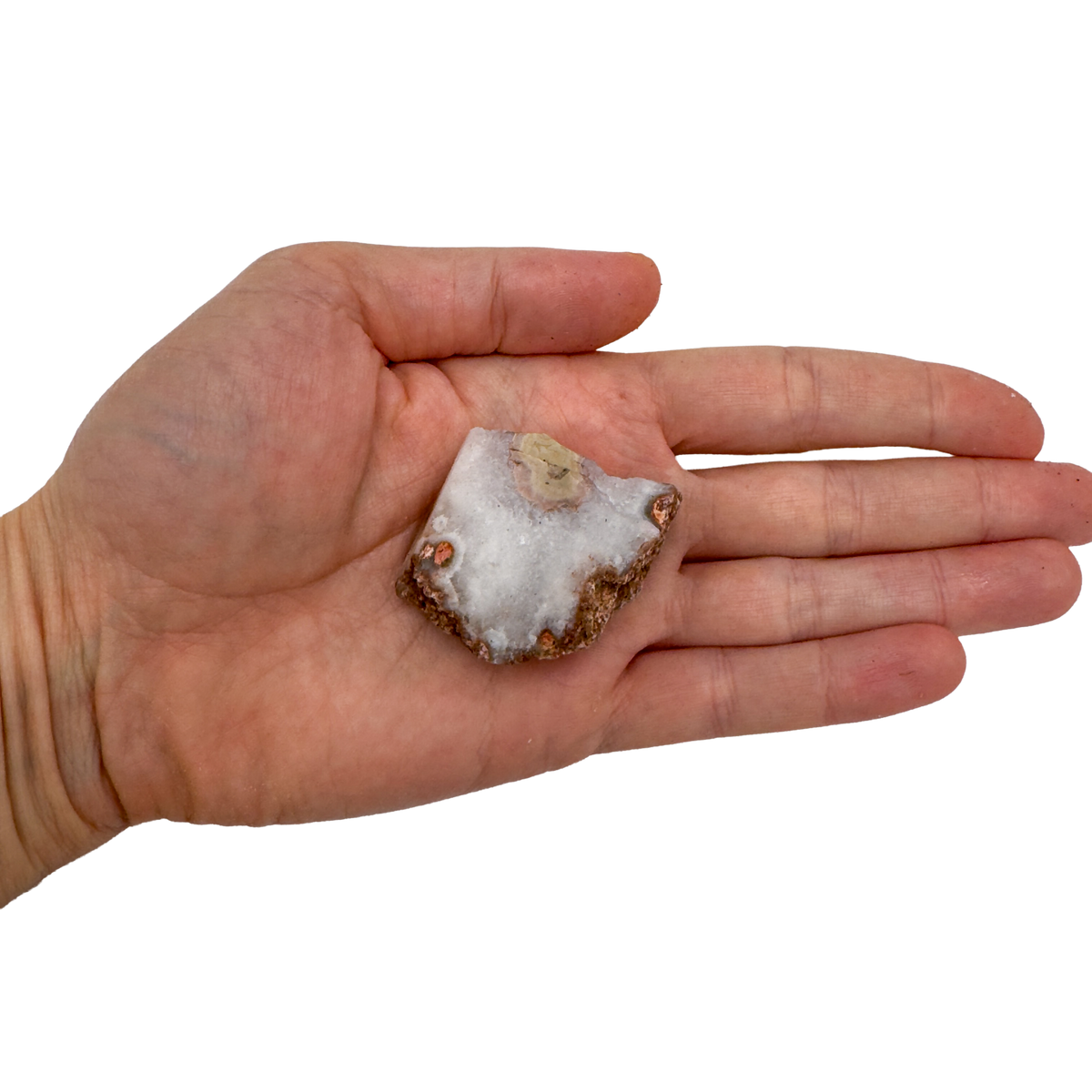 A Grade Patagonia Agate raw stone held in hand for scale, from Río Negro Province, Argentina