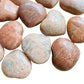 Top view of Peach Moonstone polished heart, from Alaotra-Mangoro, Madagascar, showing translucent edges.