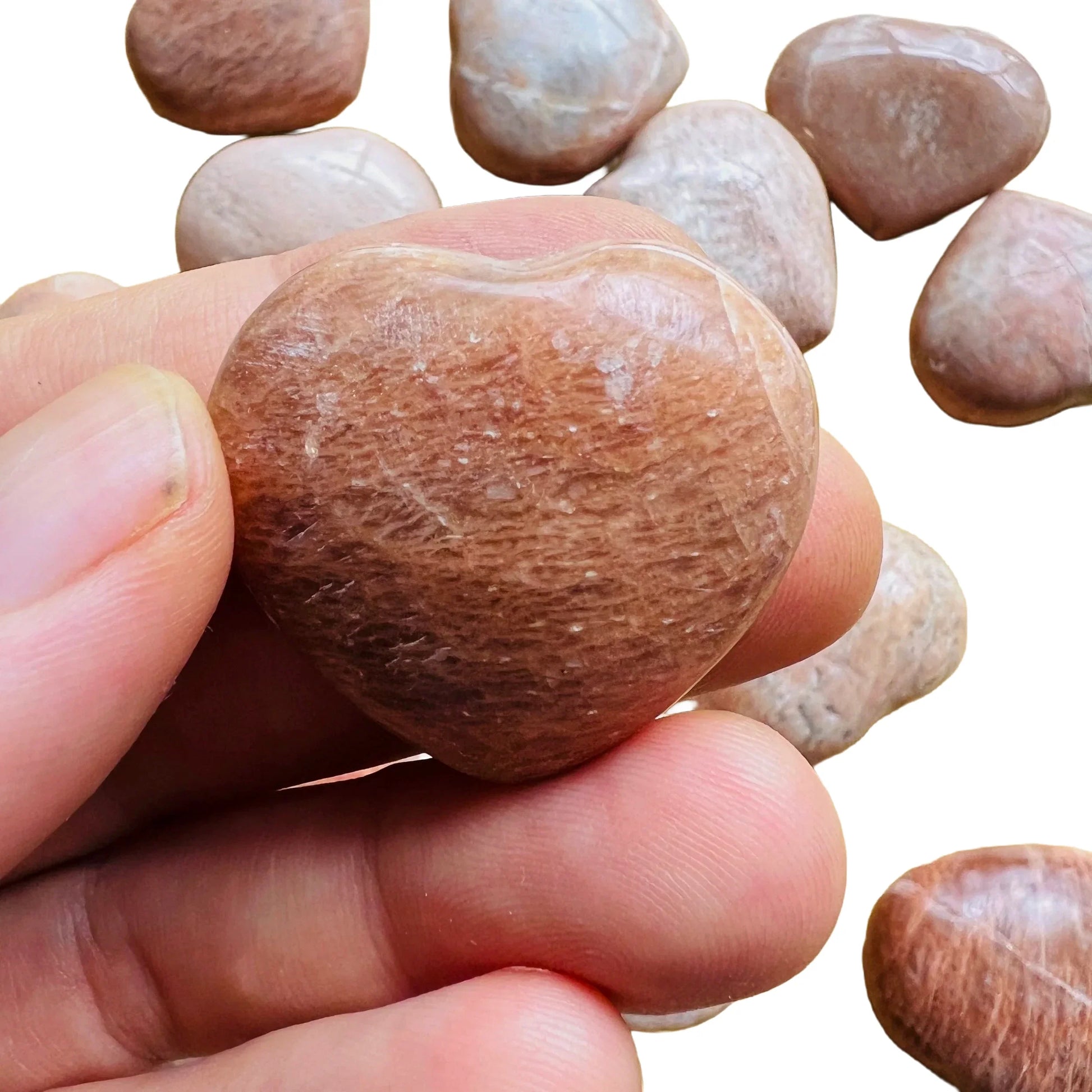 Full profile of Grade AA Peach Moonstone heart ready to ship from Beyond Bohemian