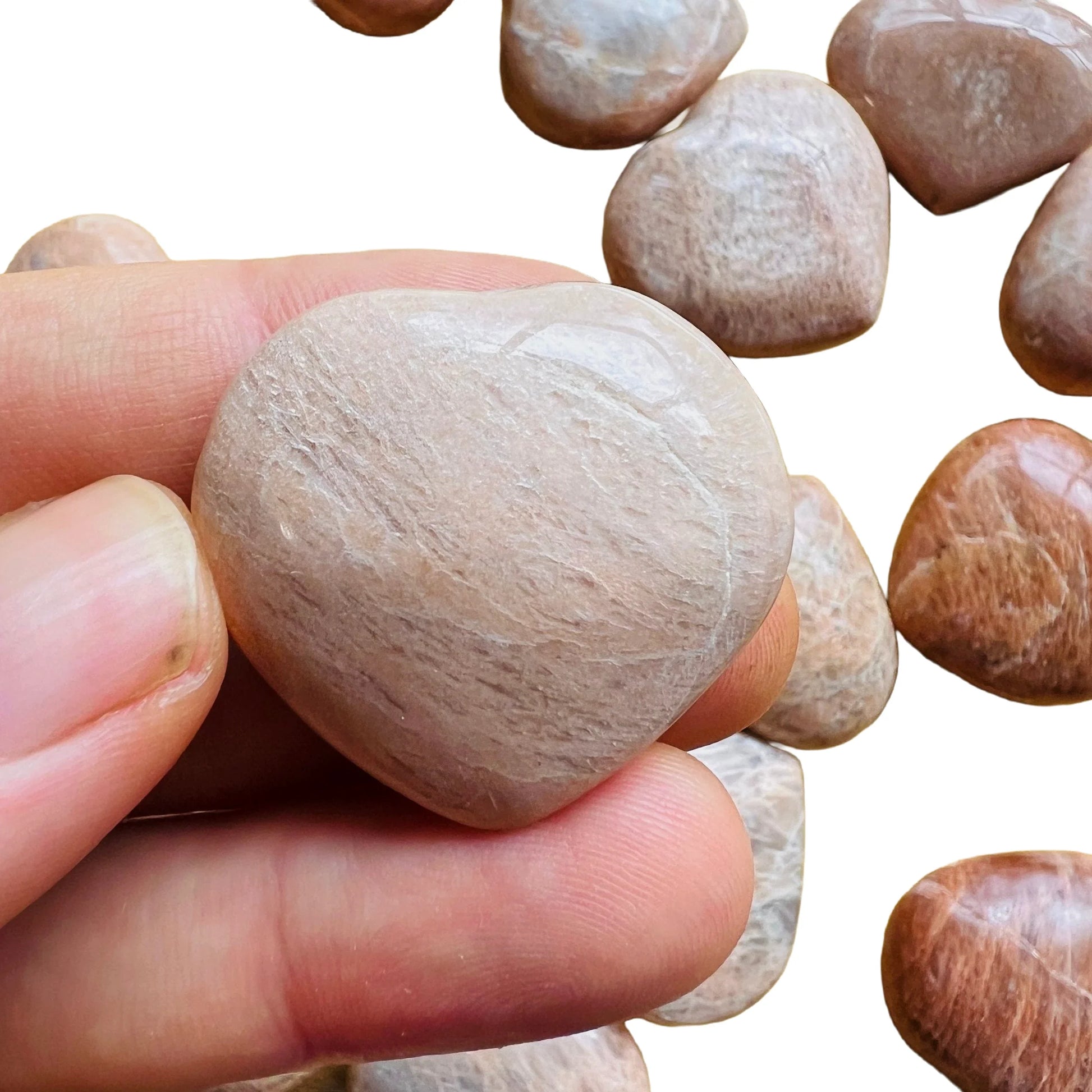 Full profile of Grade AA Peach Moonstone heart ready to ship from Beyond Bohemian