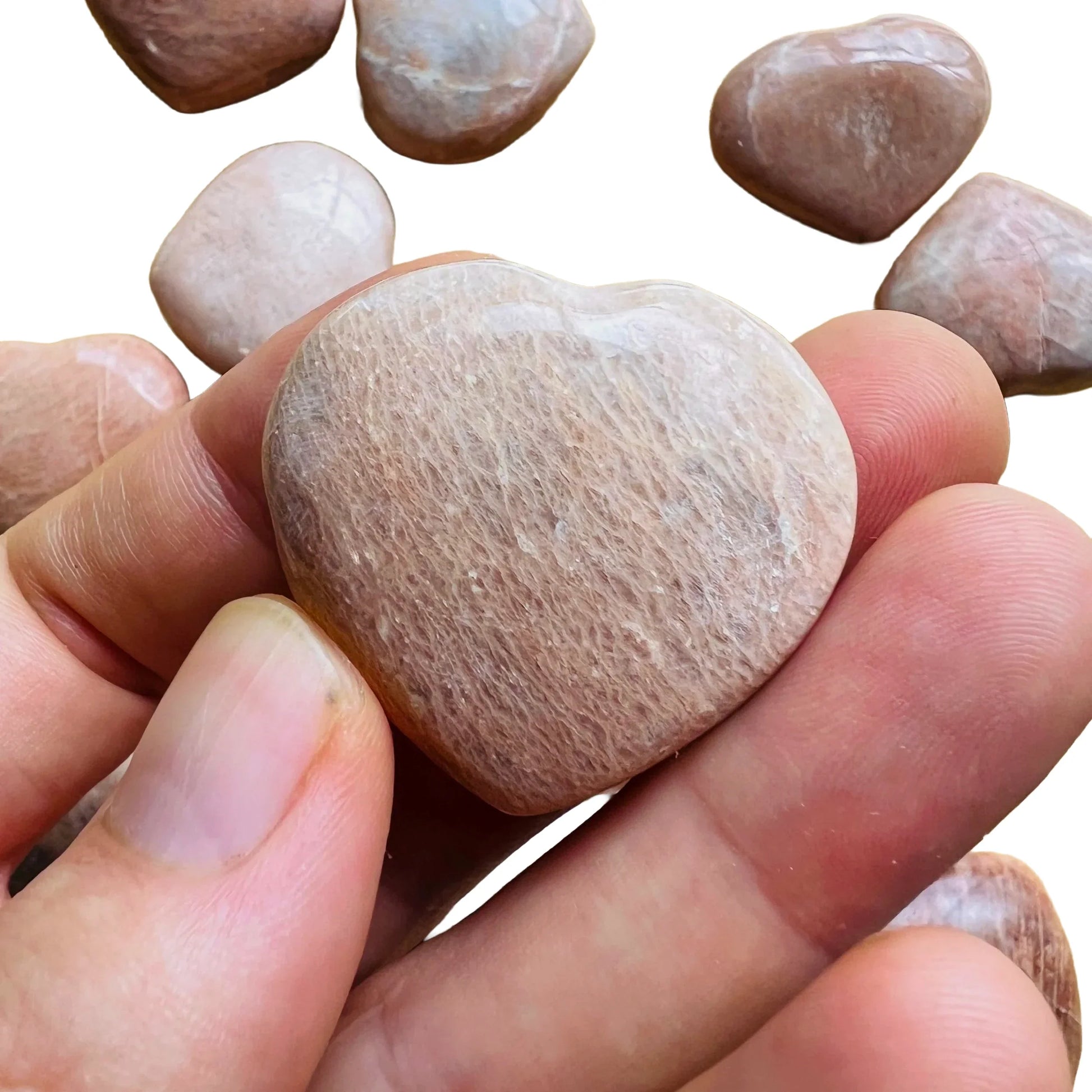 Full profile of Grade AA Peach Moonstone heart ready to ship from Beyond Bohemian
