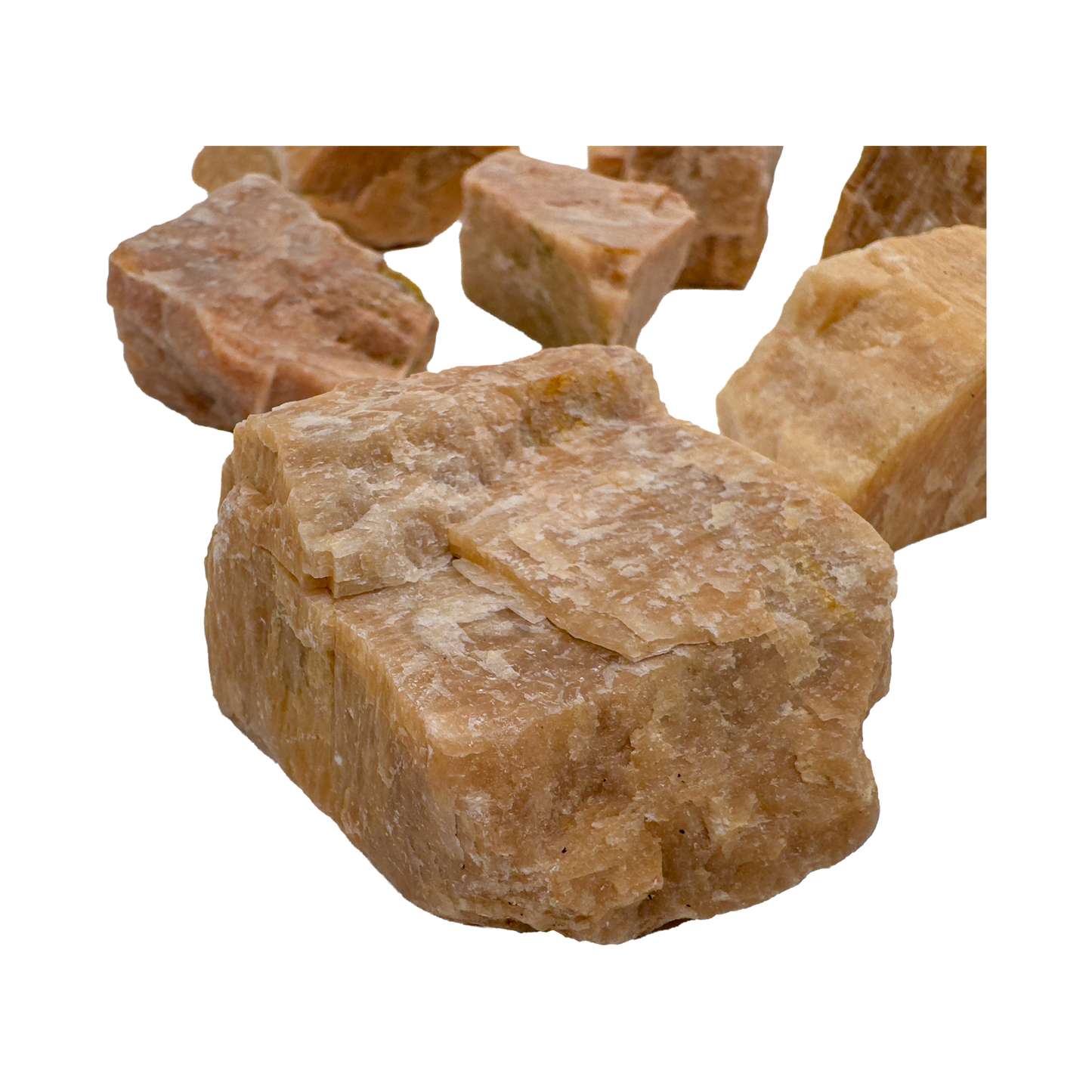 Side angle of Peach Moonstone raw stone from Madagascar
