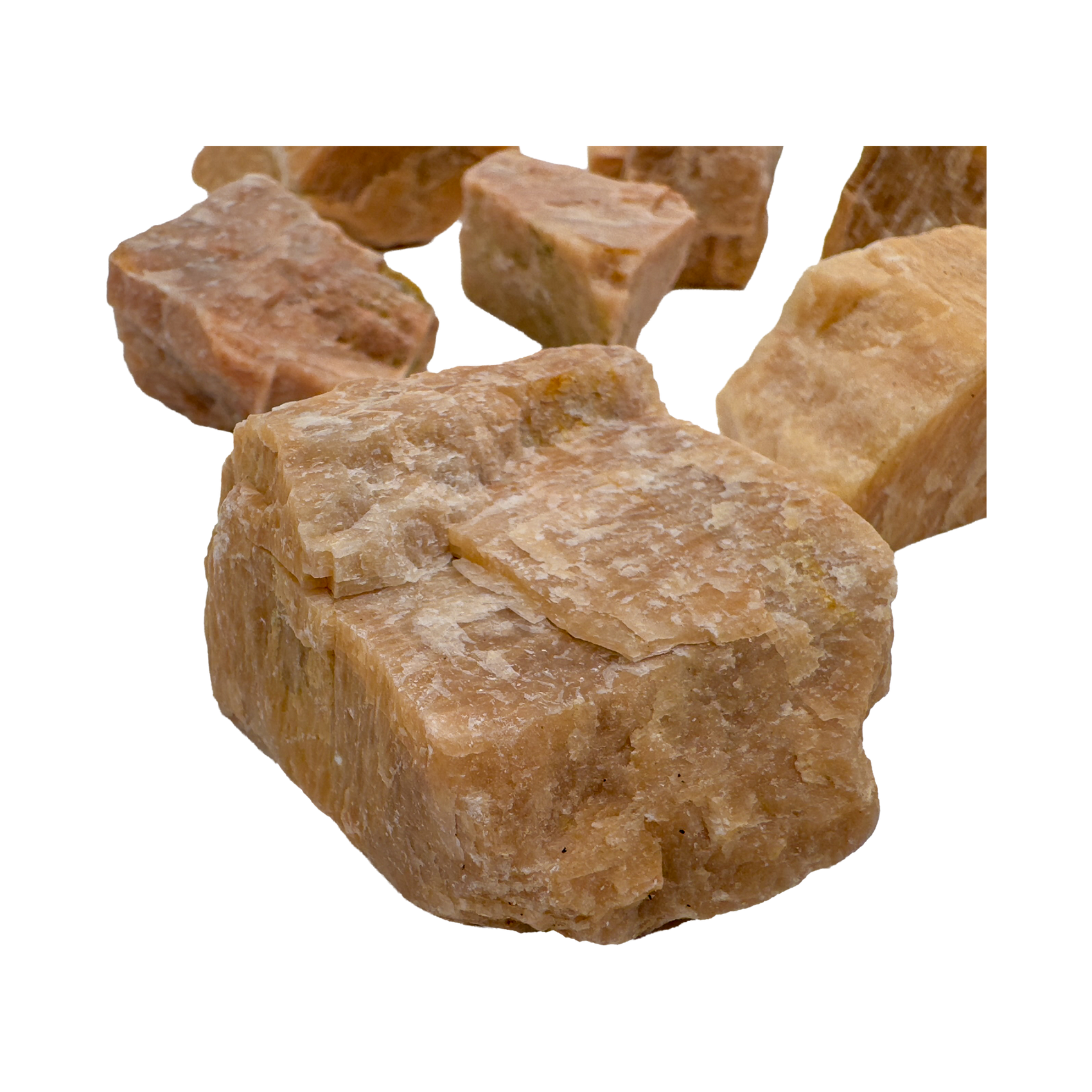Side angle of Peach Moonstone raw stone from Madagascar