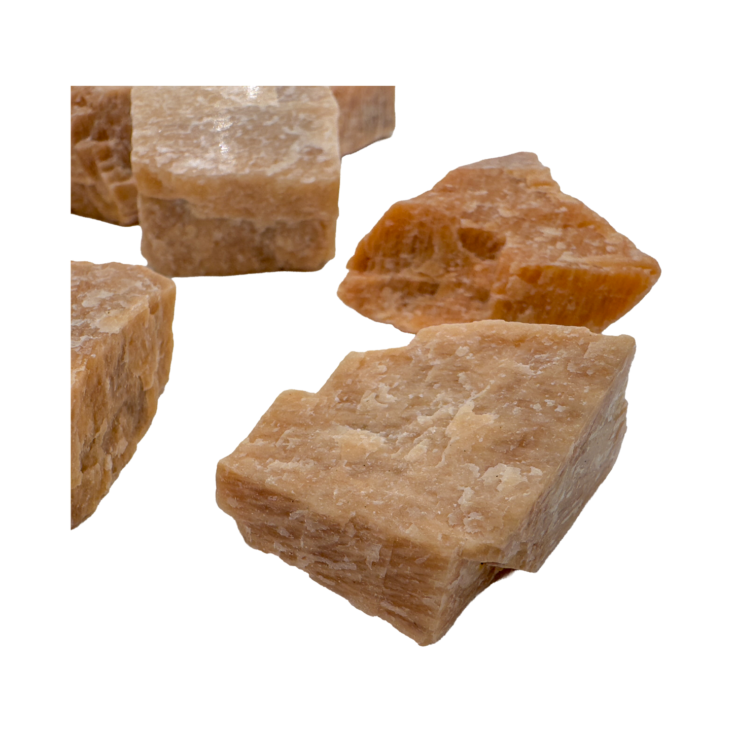 Top view of Peach Moonstone raw stone showing adularescent shimmer