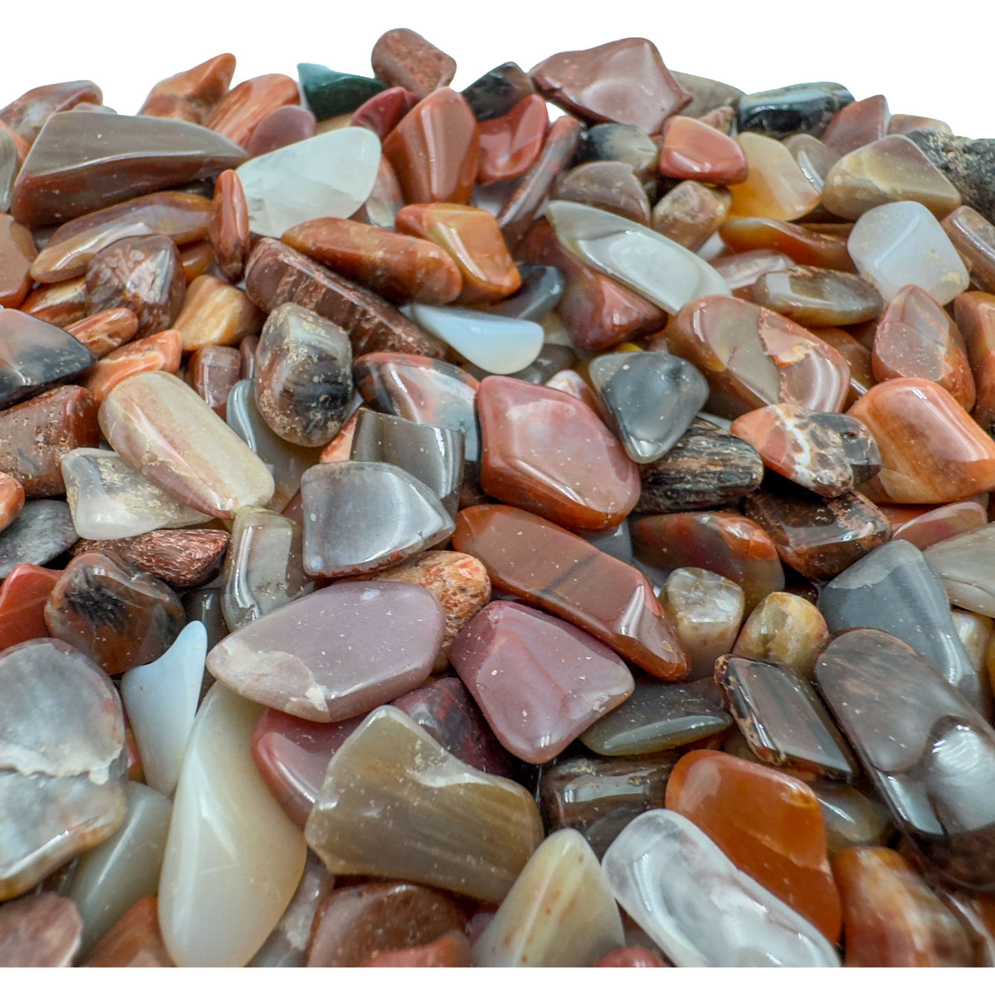 Petrified wood crystal chips product shot, Grade A Madagascar material showing quantity and texture