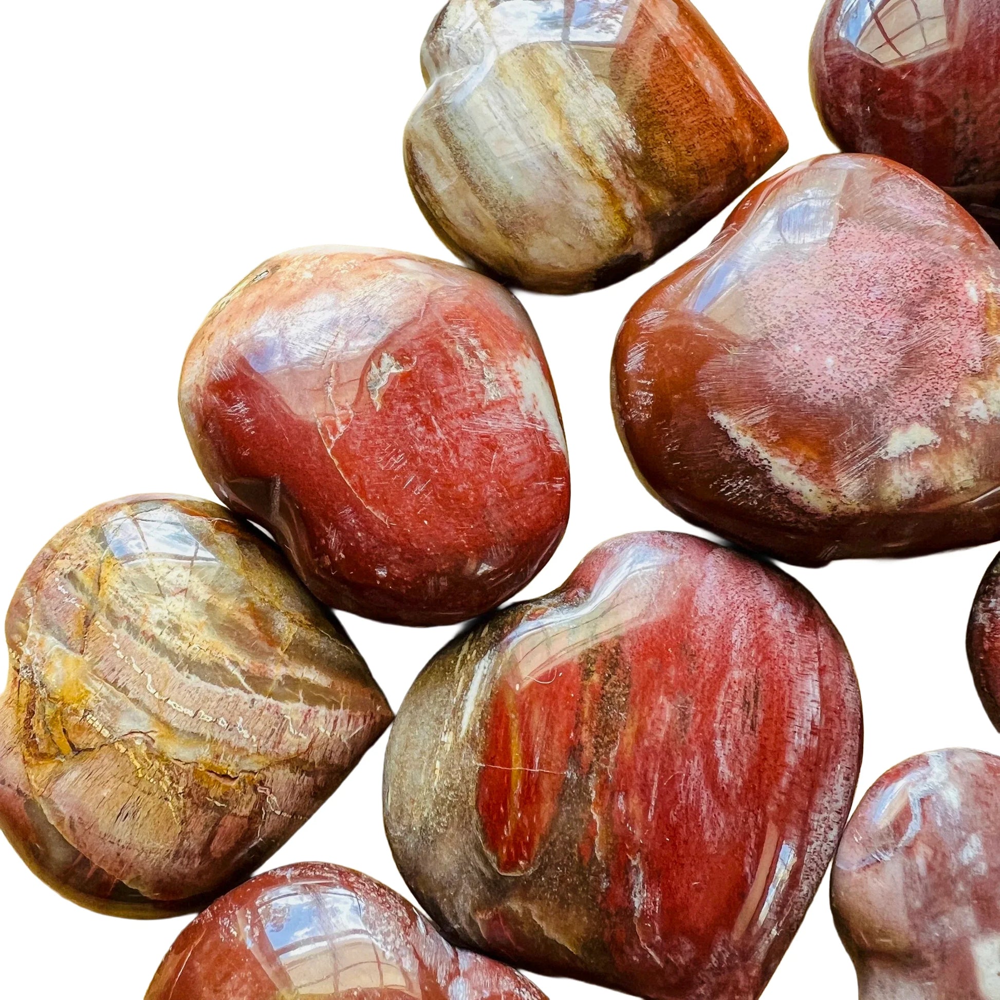 Profile shot of brown Petrified Wood polished heart, showing earthy tone, hand-selected from Boeny, Madagascar.
