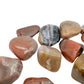 Detail of AA grade Petrified Wood tumbled stones, brown and red tones