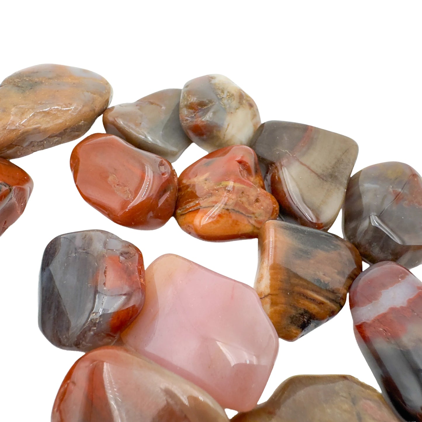 Polished Petrified Wood tumbled stones showing fossil grain, Madagascar