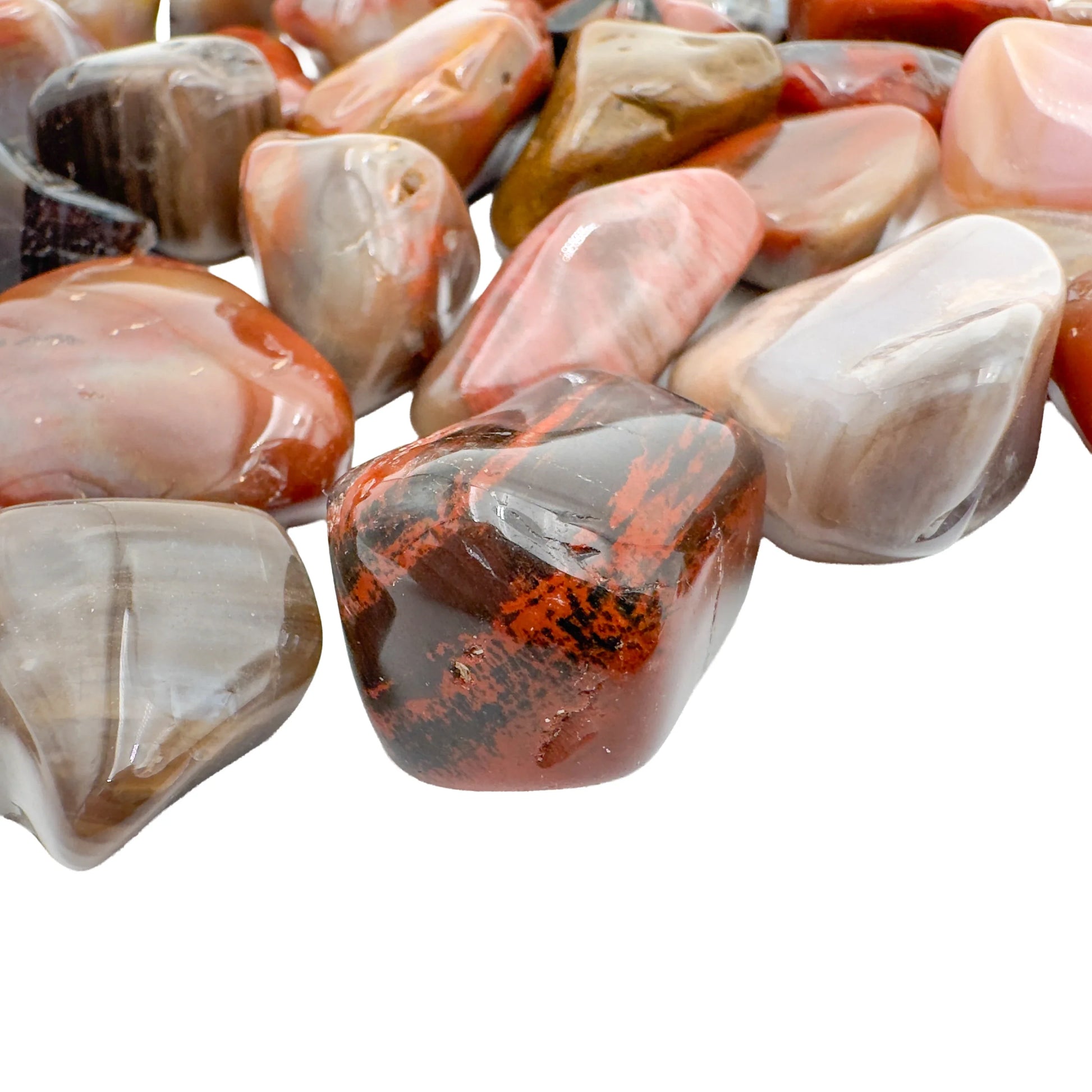 Petrified Wood tumbled stones with red and brown banding, AA Madagascar