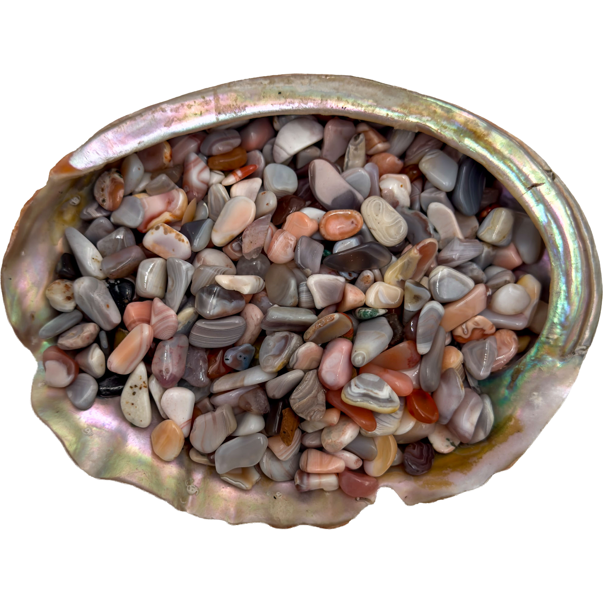 Pink agate polished crystal chips from Botswana, pale pink and peach tones, 0.25-0.50 inch